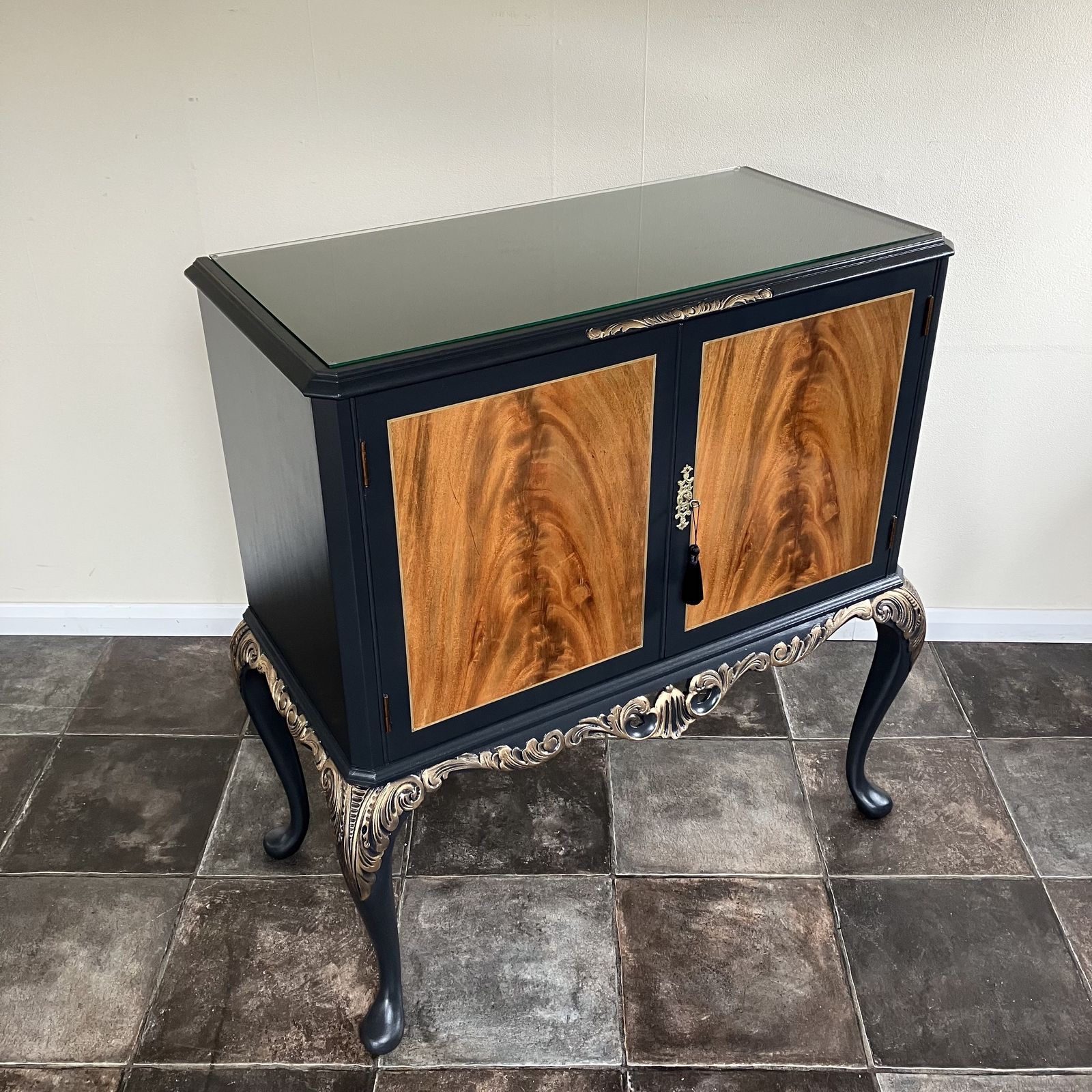 Vintage Painted Black Flame Mahogany Mirrored Cocktail  Cabinet On Carved Queen Anne Legs In Farrow And Ball Off Black photo 795.0