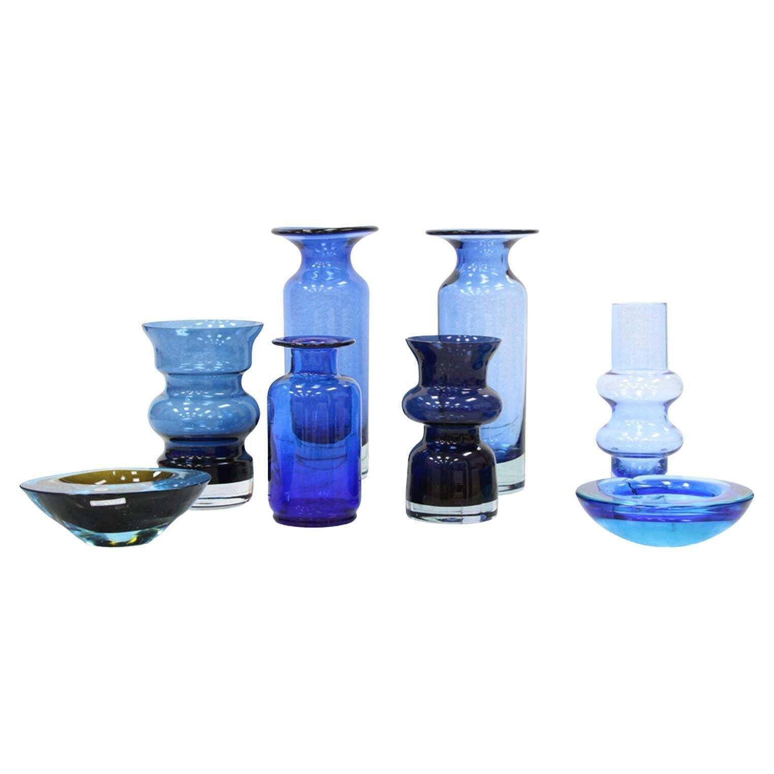Set Of 7 Blue Murano Glass Vases Italy 1970s Handblown Italian Design
