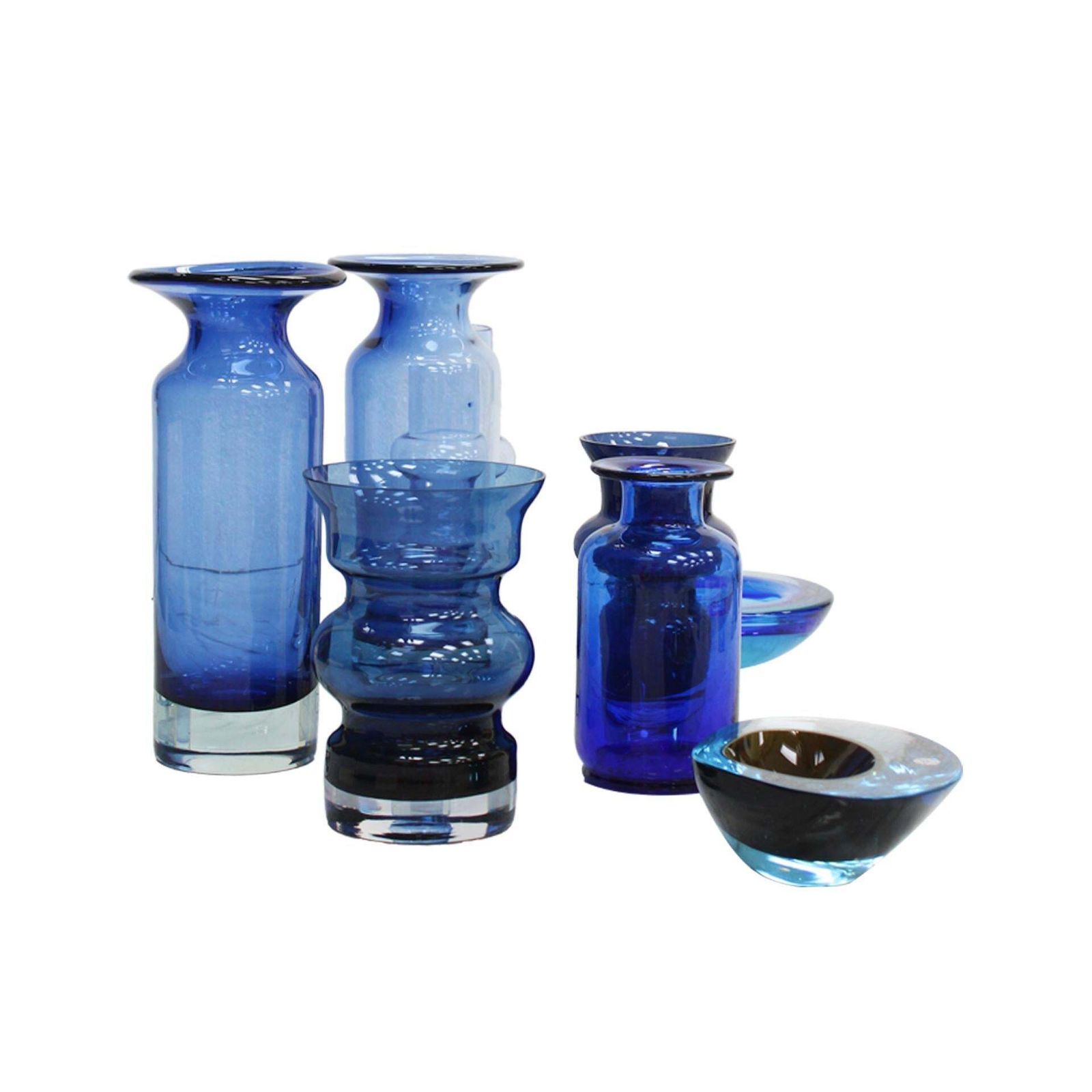 Set Of 7 Blue Murano Glass Vases Italy 1970s Handblown Italian Design photo for sale