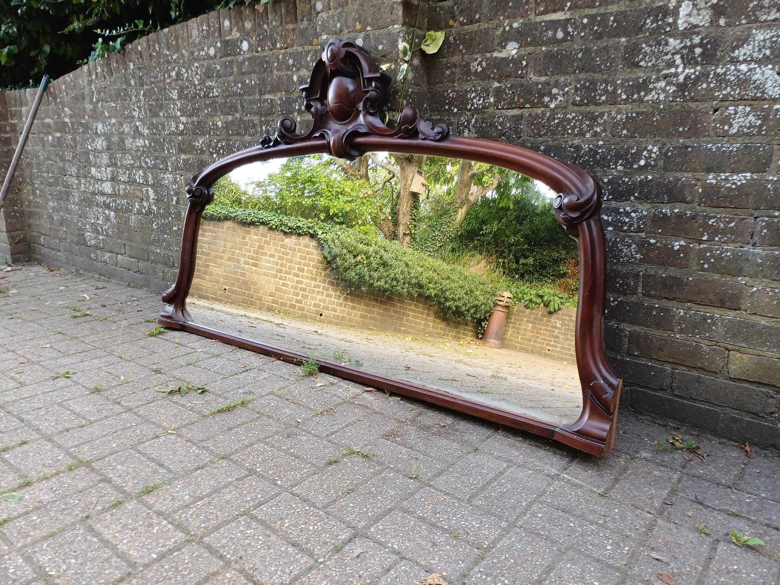 Enormous Antique Victorian Mahogany Overmantel Mirror Ornate Carved Pediment Large Fireplace Or Hallway Mirror