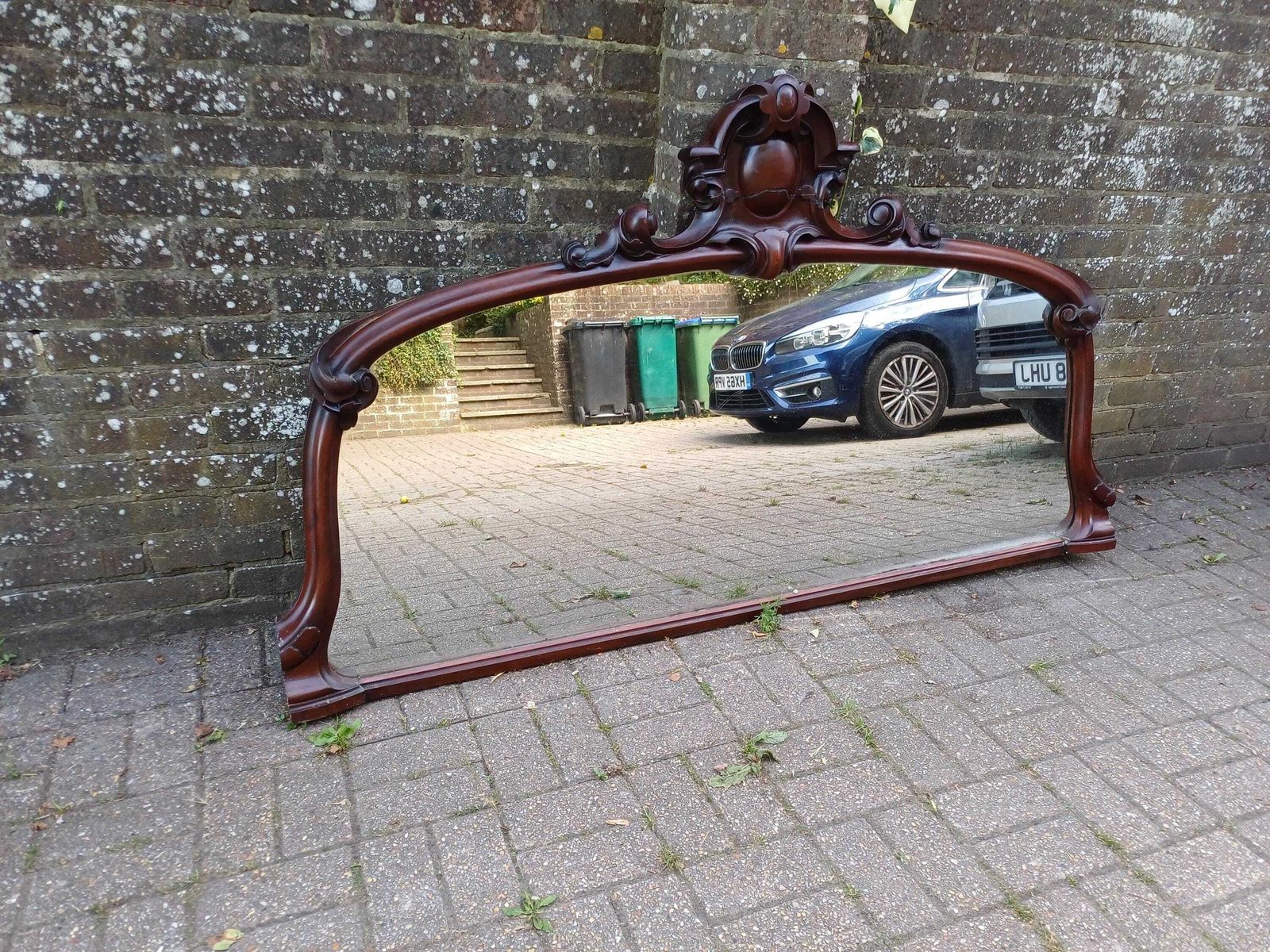 Enormous Antique Victorian Mahogany Overmantel Mirror Ornate Carved Pediment Large Fireplace Or Hallway Mirror photo 795.0