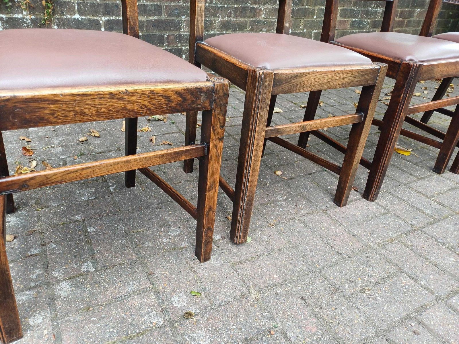 Set Of 4 Antique Oak Dining Chairs With Carved Backs & Studded Faux Leather Seats Early 20th Century Arts And Crafts Style photo Furniture