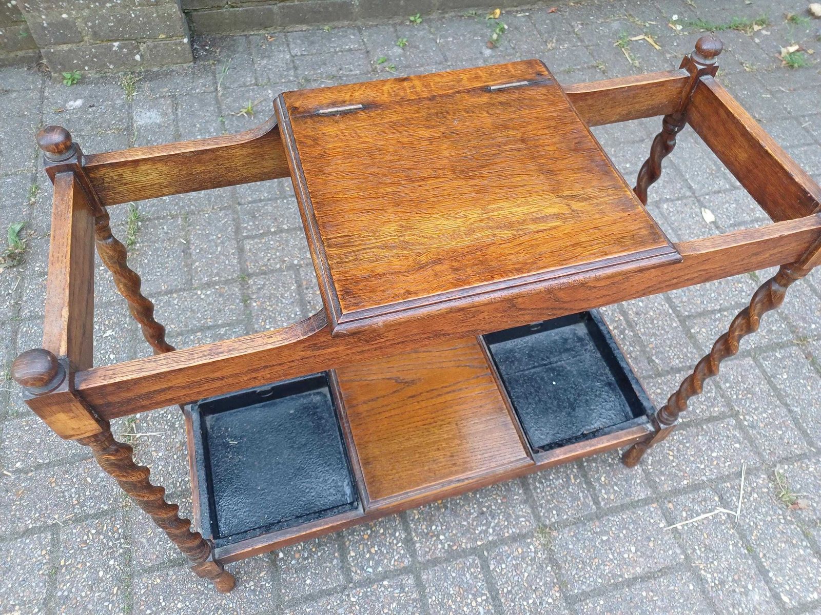 Vintage Oak Barley Twist Stick Stand With Drip Trays & Baize Lined Hinged Compartment, Early 20thc Umbrella Hall Stand photo for sale