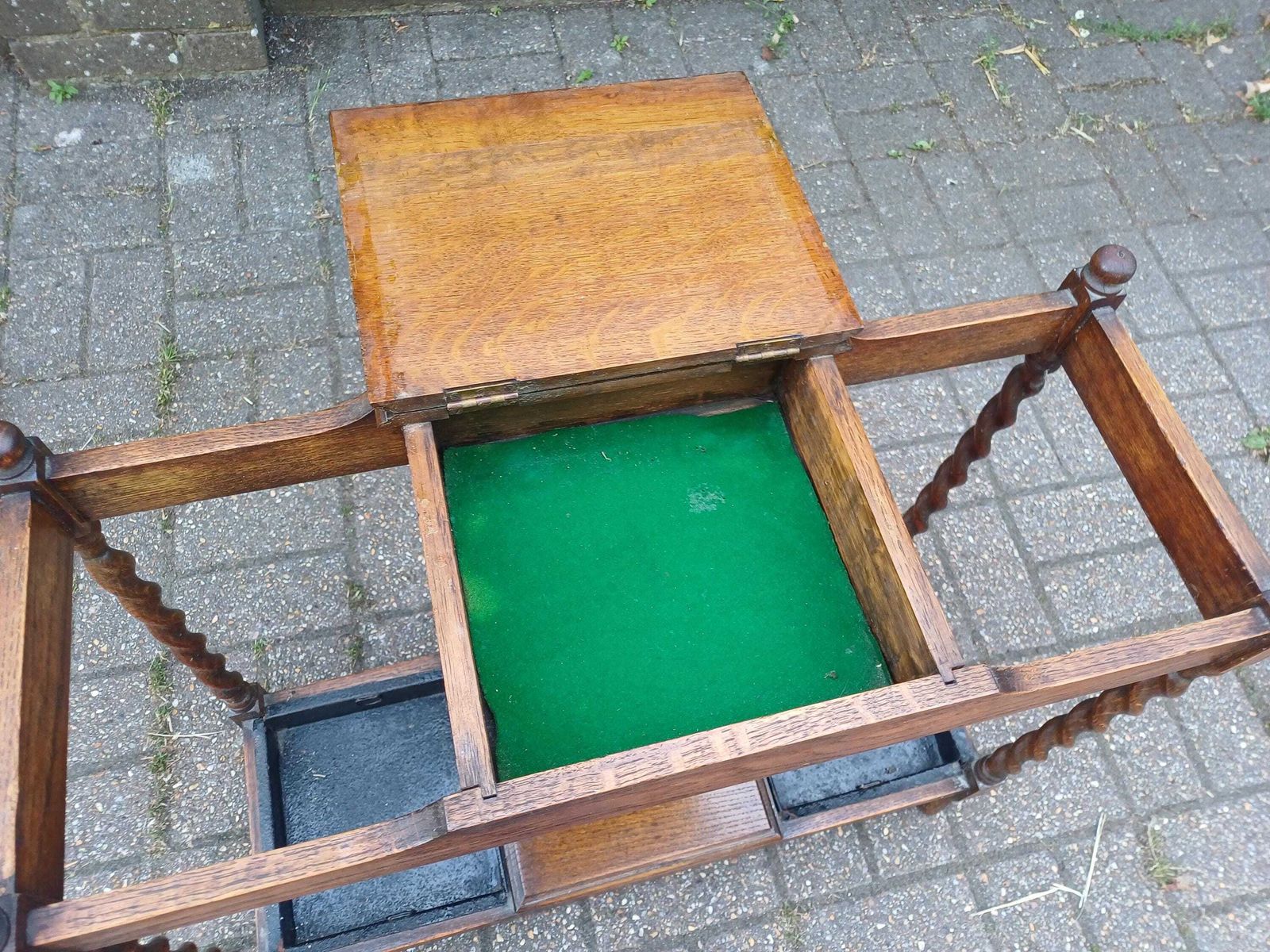 Vintage Oak Barley Twist Stick Stand With Drip Trays & Baize Lined Hinged Compartment, Early 20thc Umbrella Hall Stand photo Furniture