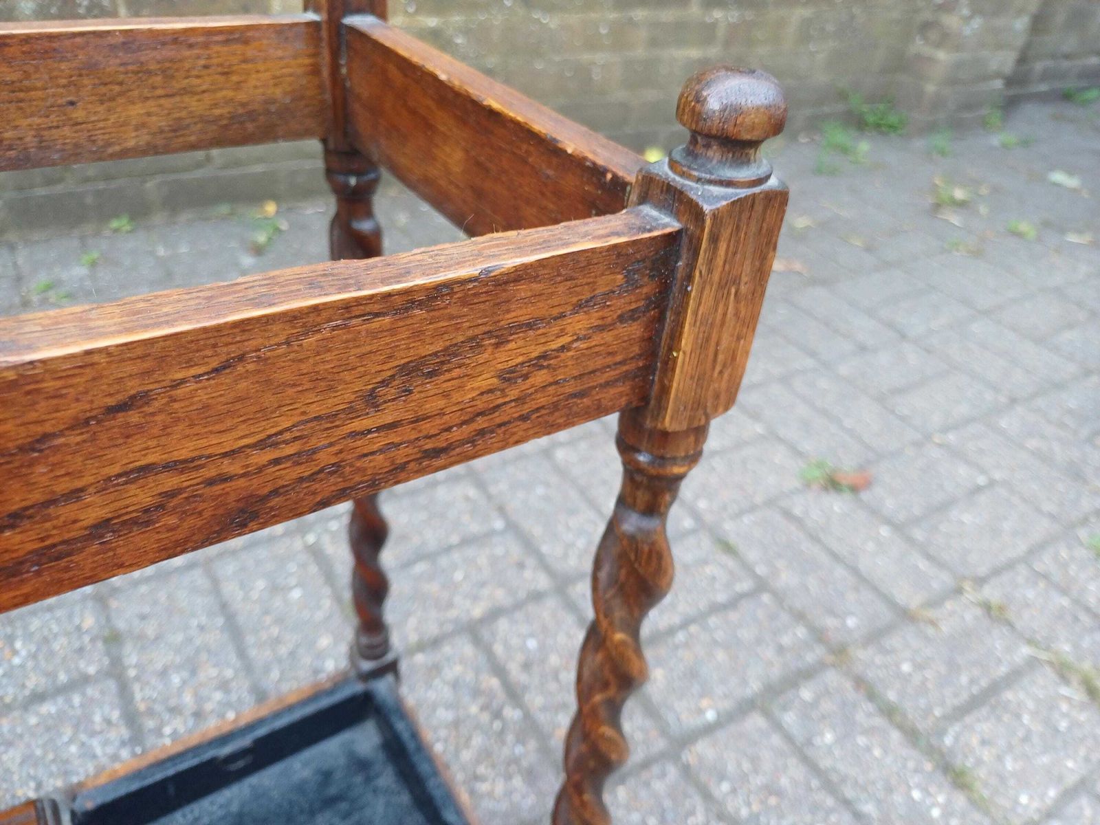 Vintage Oak Barley Twist Stick Stand With Drip Trays & Baize Lined Hinged Compartment, Early 20thc Umbrella Hall Stand photo vintage