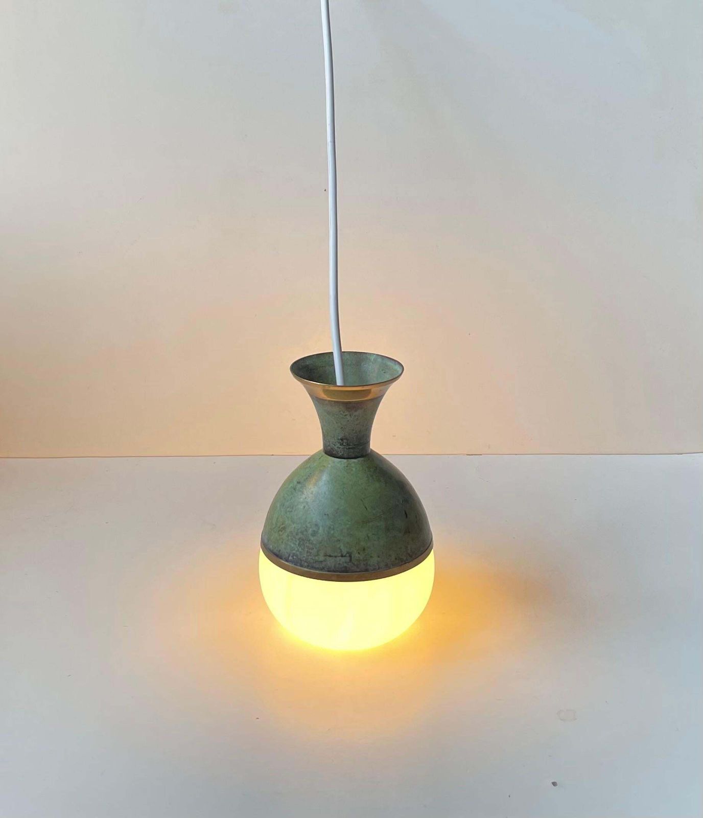 Art Deco Revival Pendant Lamp In Green Verdigris Bronze & White Glass photo for sale