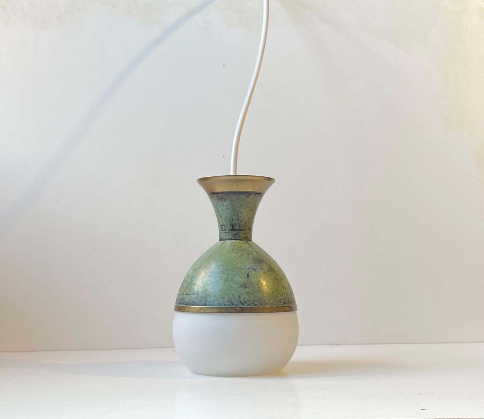Art Deco Revival Pendant Lamp In Green Verdigris Bronze & White Glass photo vinterior