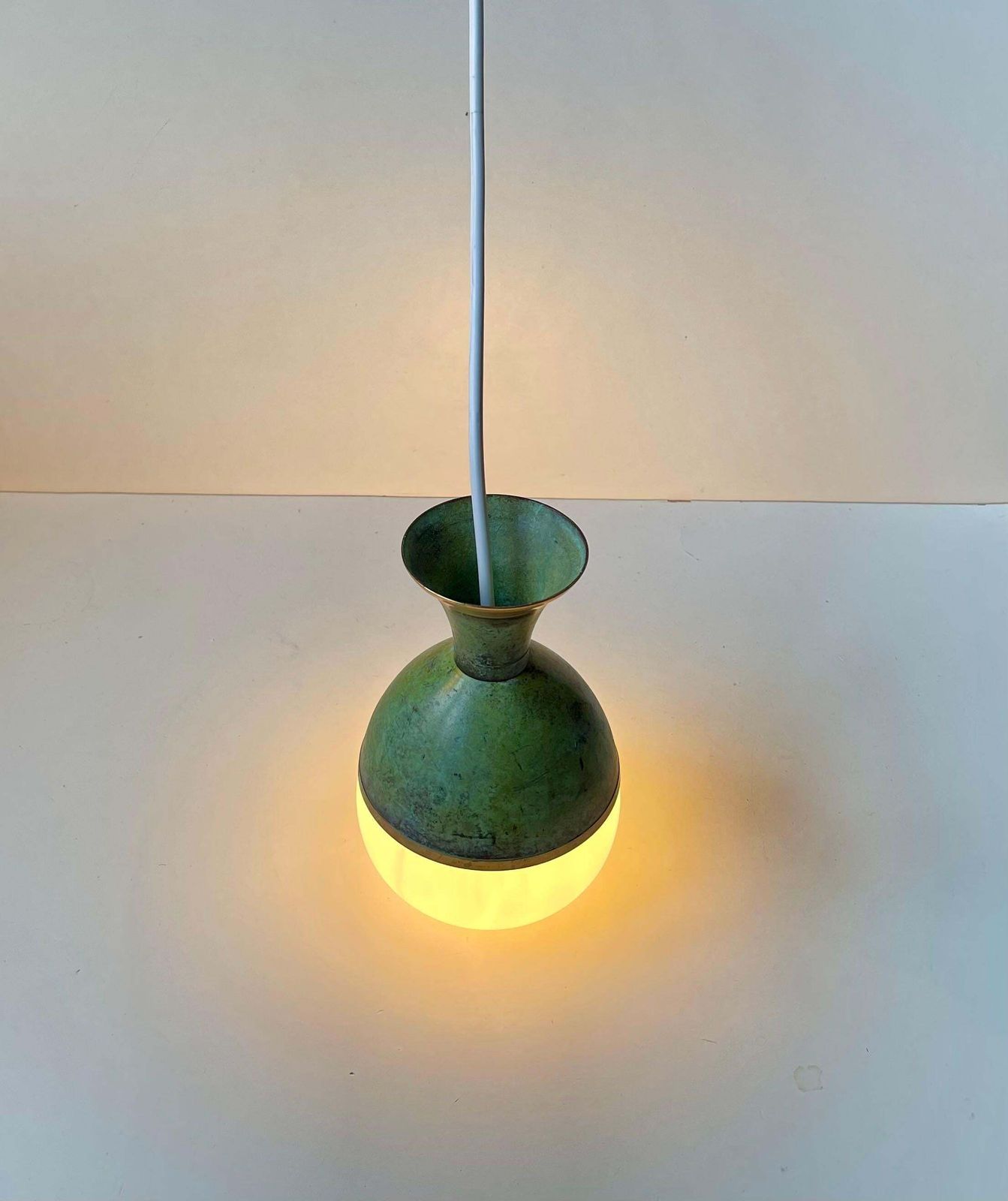 295.0 Art Deco Revival Pendant Lamp In Green Verdigris Bronze & White Glass photo