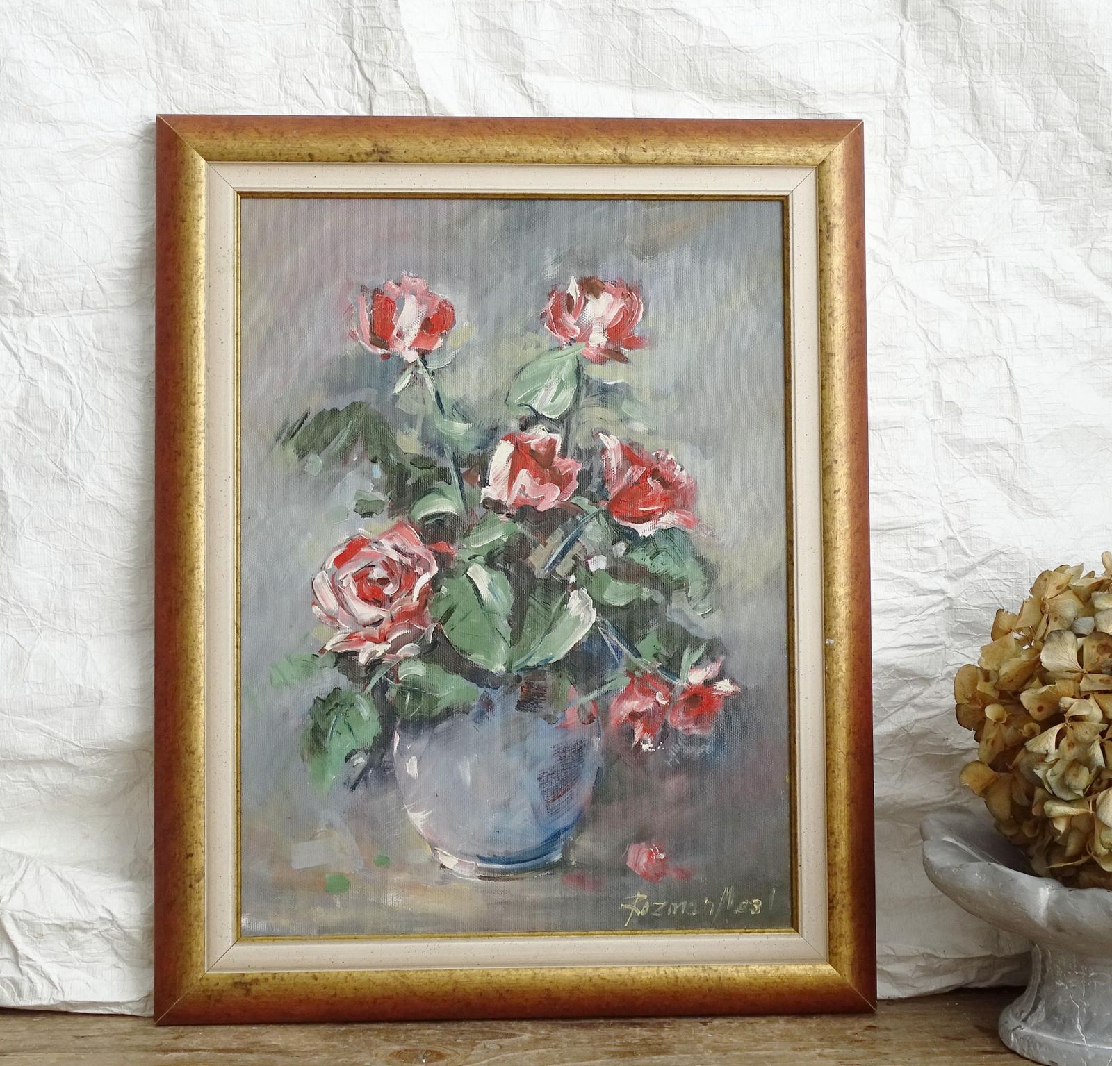 Red Roses Oil Painting: Impressionist Floral Still Life In Blue Vase, Framed