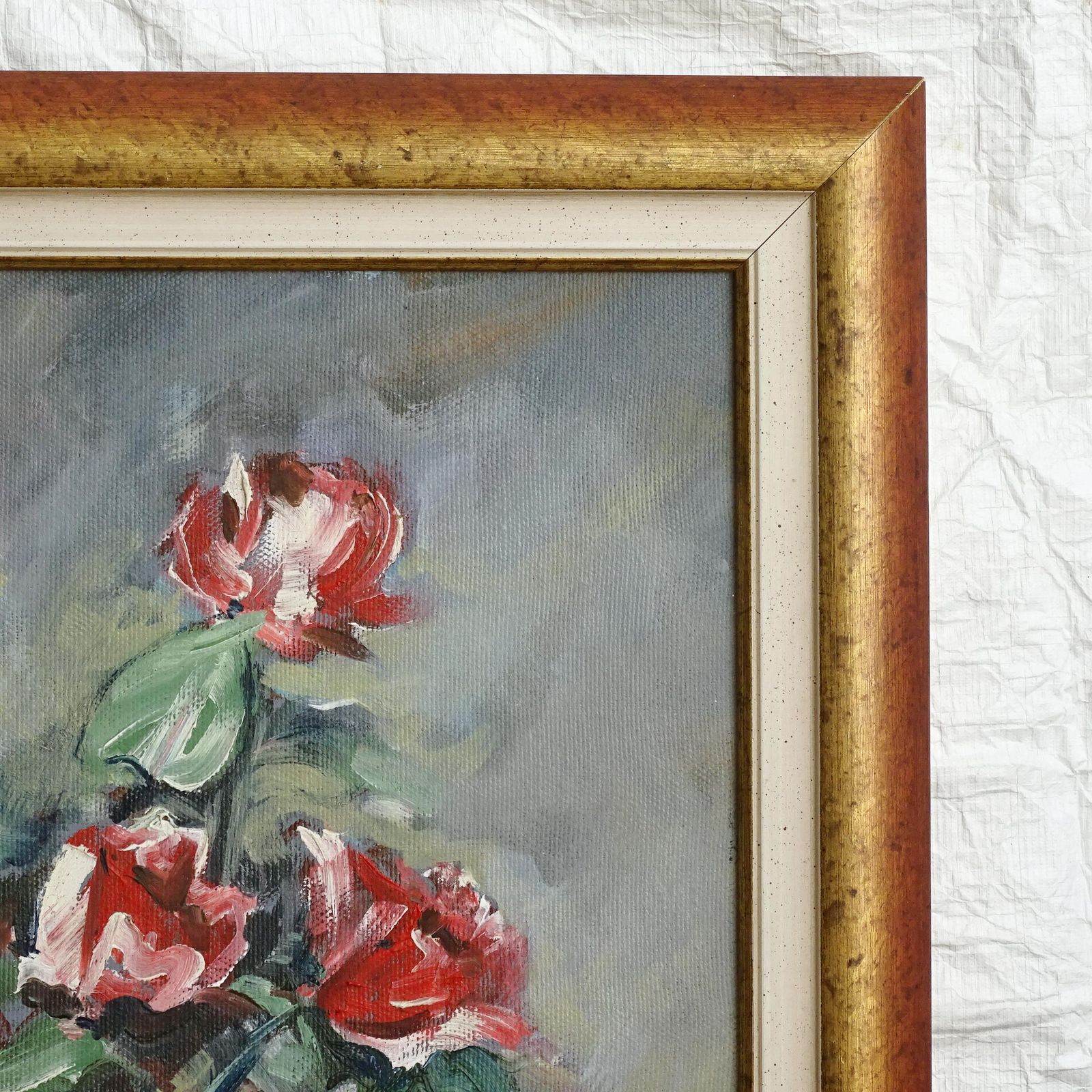 Red Roses Oil Painting: Impressionist Floral Still Life In Blue Vase, Framed photo buy
