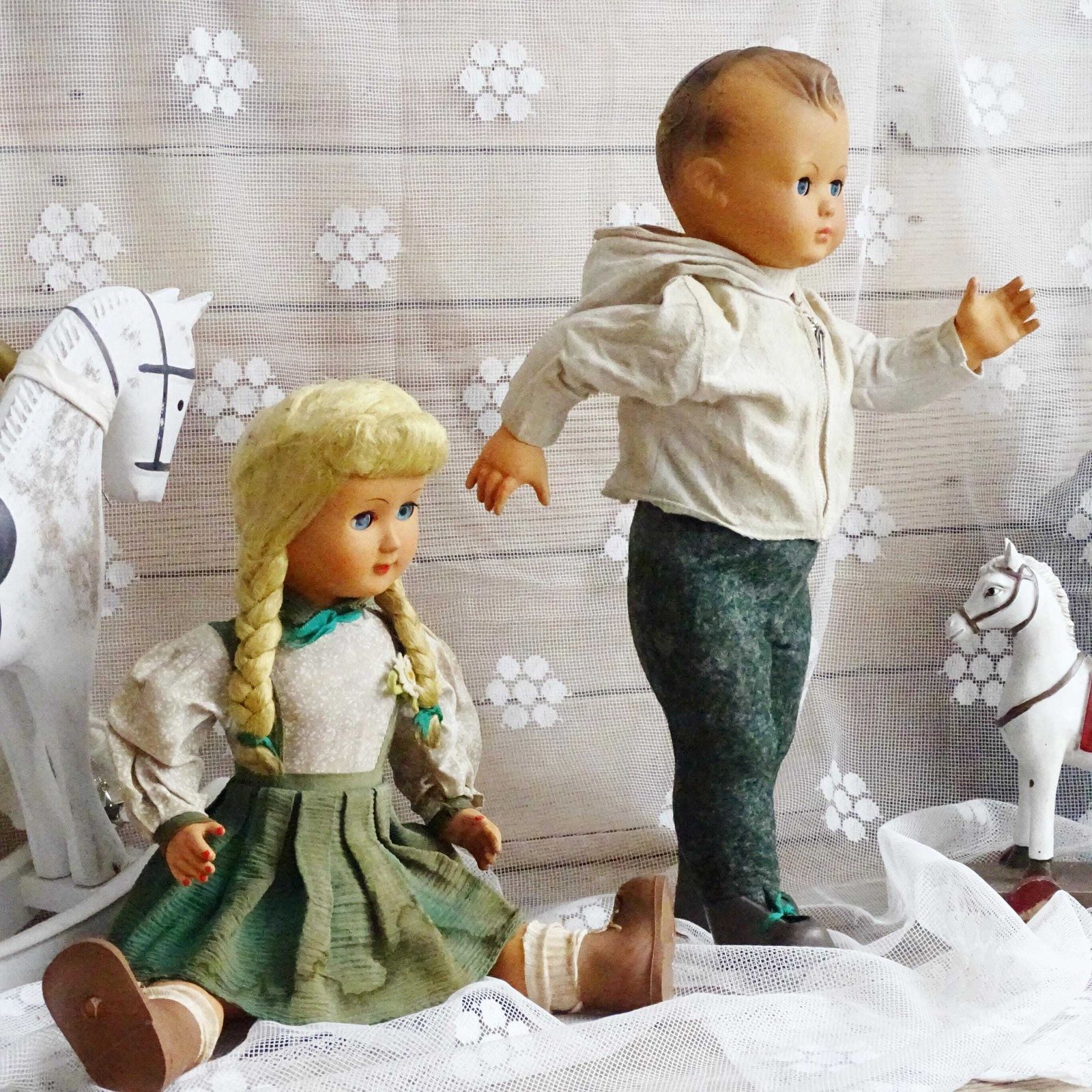 Set Antique French Composition Dolls Girl Boy, Doll Sleeping Eyes, Pair Jointed Dolls, Blonde Long Hair Doll, Vintage Collectible Art Dolls photo Home Decor
