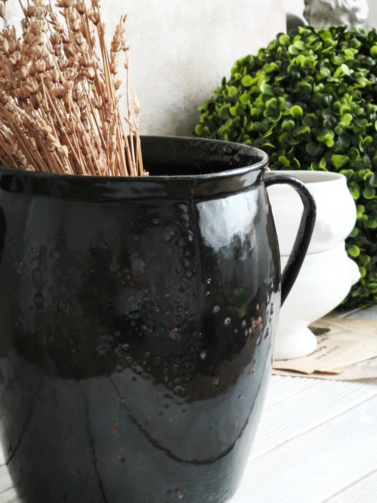 Antique Enameled Cast Iron Pot: Farmhouse Kitchen Decor, Metal Planter photo vintage