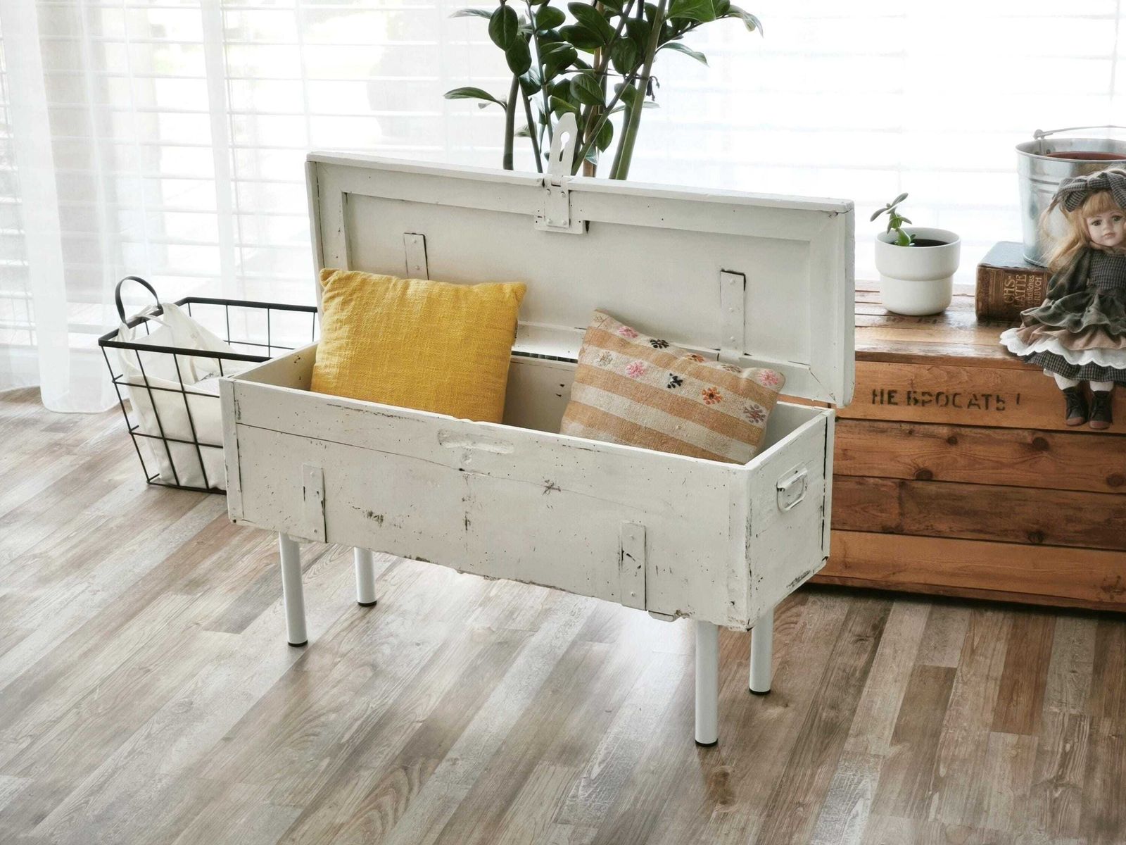 Antique White Wood Storage Bench: Shabby Chic Farmhouse Trunk, Industrial Legs photo buy