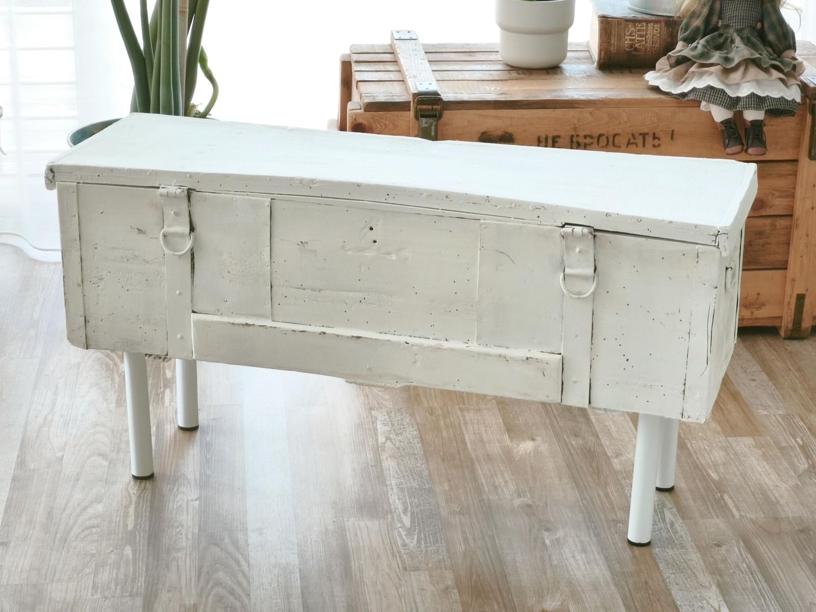 photo furniture Antique White Wood Storage Bench: Shabby Chic Farmhouse Trunk, Industrial Legs