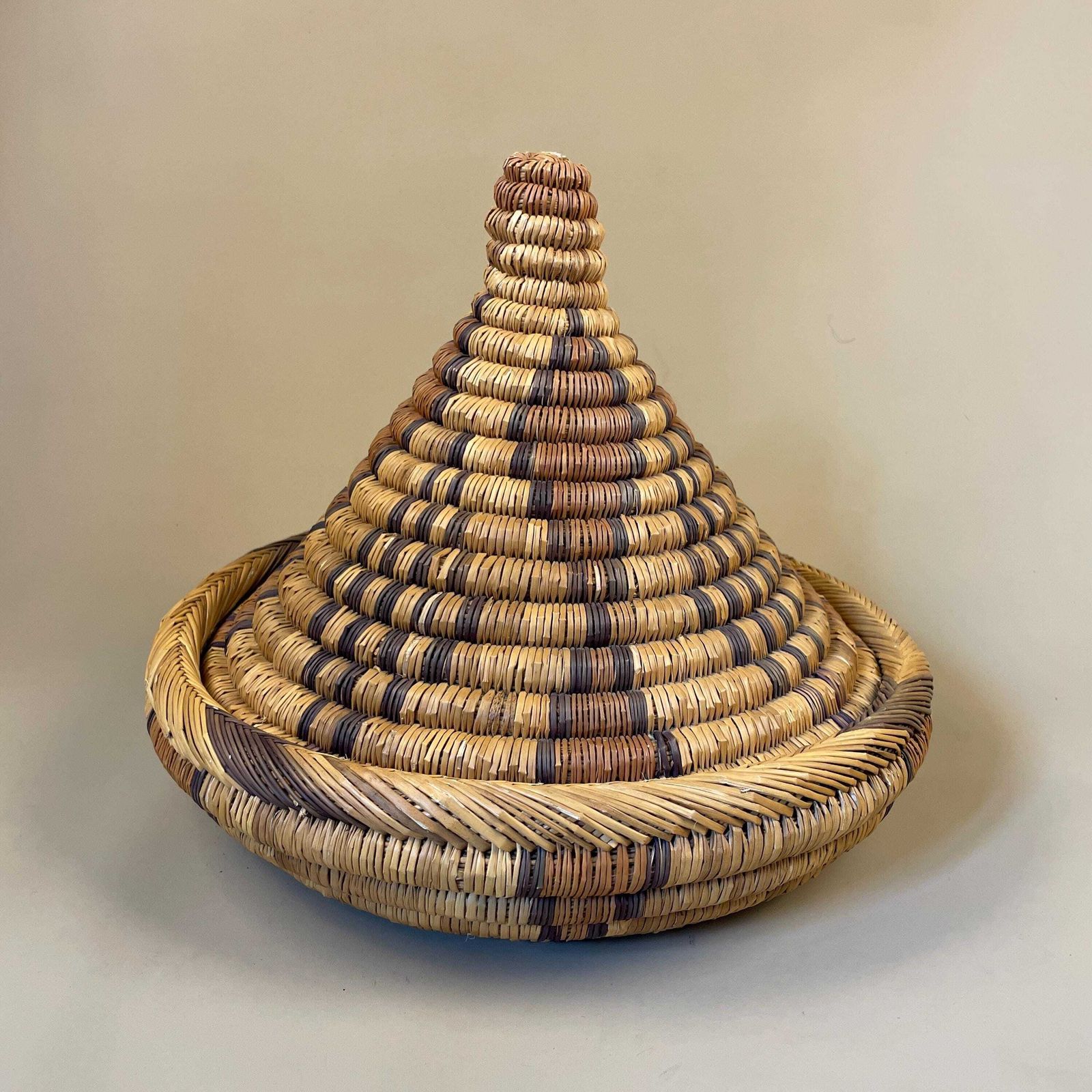 Vintage Round African Handmade Snake Charm Basket Woven Wicker Brown Antique Storage Patterned Circular Decorative Colourful Africa Lid photo Home Decor