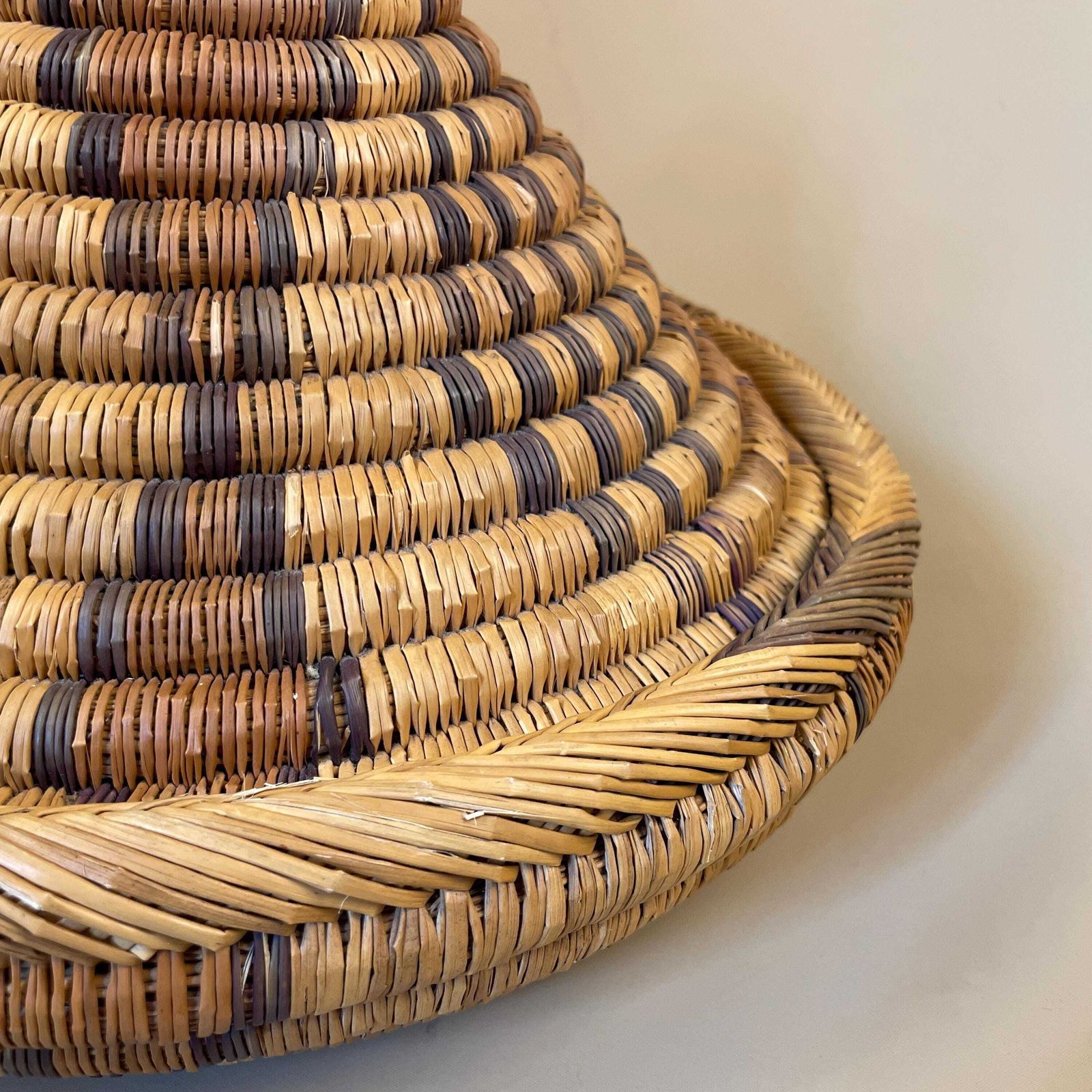 Vintage Round African Handmade Snake Charm Basket Woven Wicker Brown Antique Storage Patterned Circular Decorative Colourful Africa Lid photo 59.0