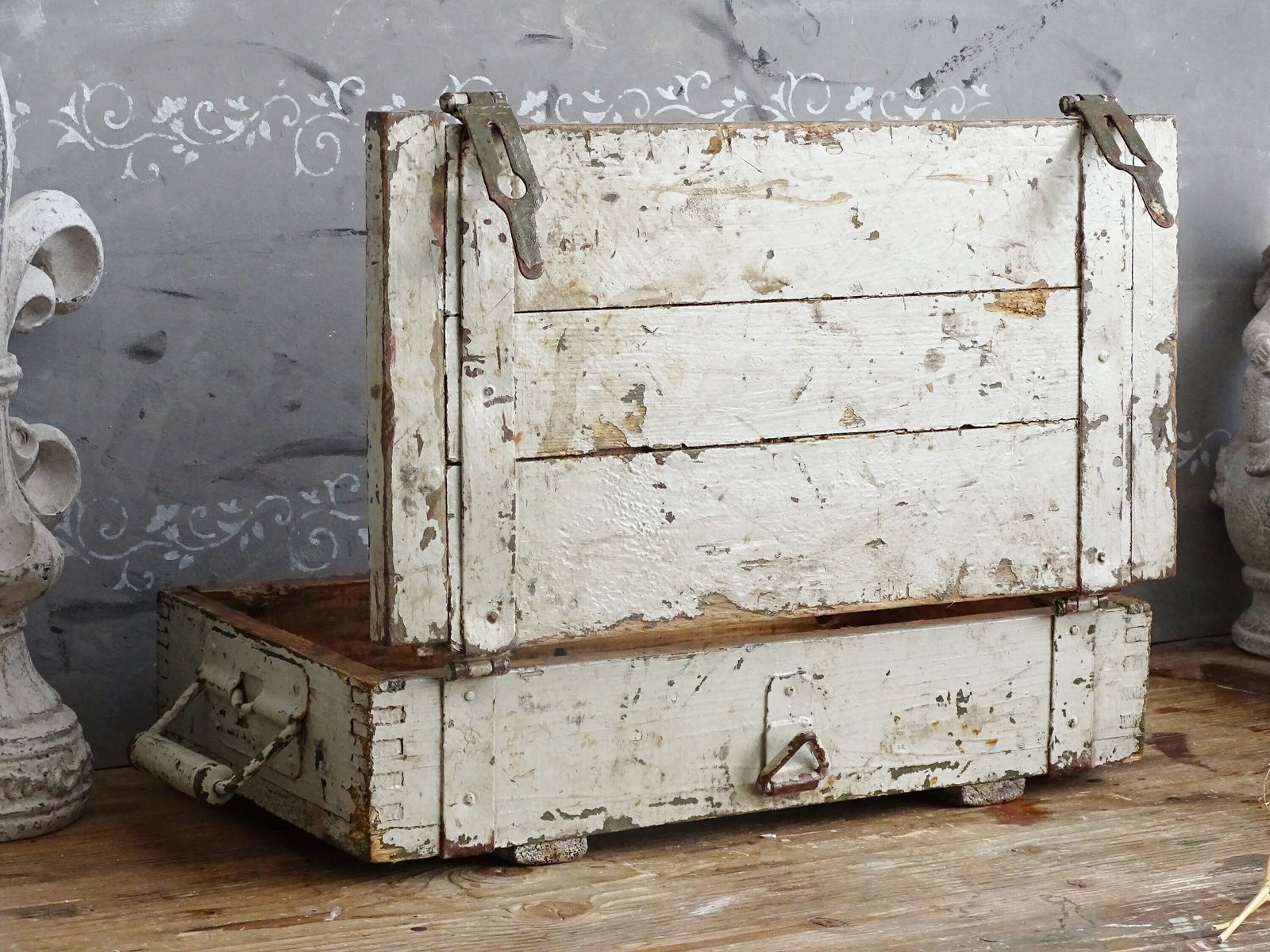 Antique Gray Wood Trunk Crate Box, Footlocker: Chippy Paint Steamer Trunk, Industrial Storage photo vintage