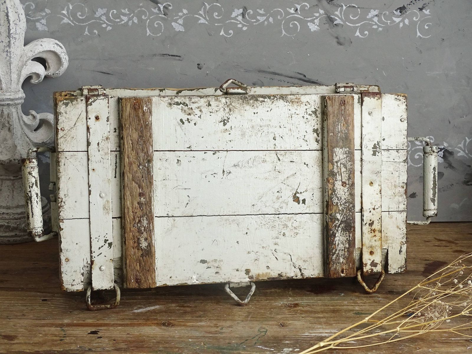 photo for sale Antique Gray Wood Trunk Crate Box, Footlocker: Chippy Paint Steamer Trunk, Industrial Storage