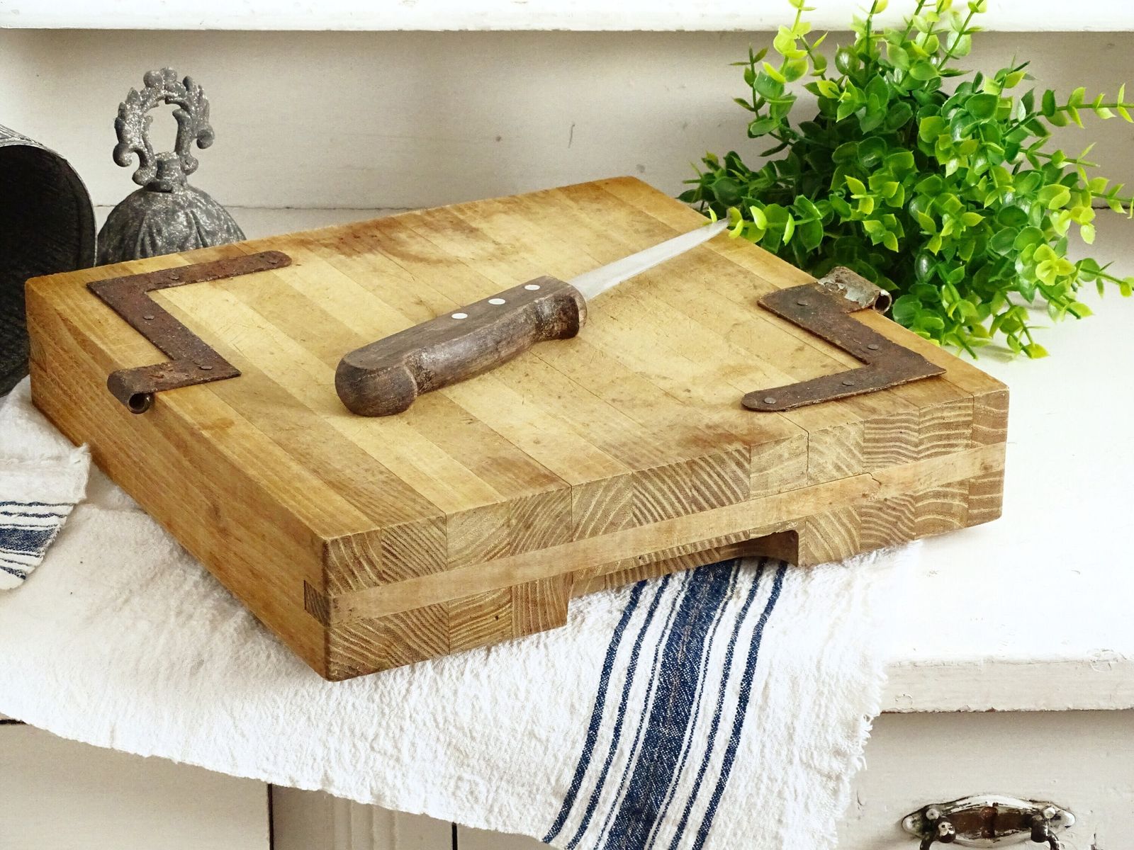Chunky Butcher Block: Square Wood Bread Board Antique Iron Corner Protectors photo furniture