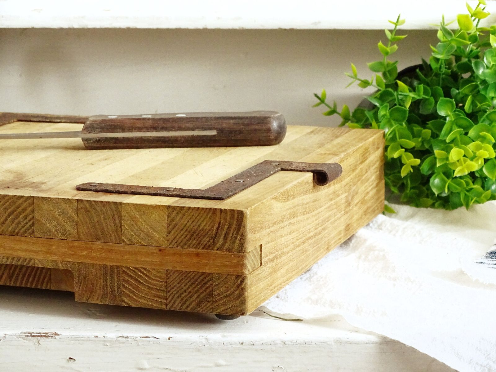 Chunky Butcher Block: Square Wood Bread Board Antique Iron Corner Protectors photo buy