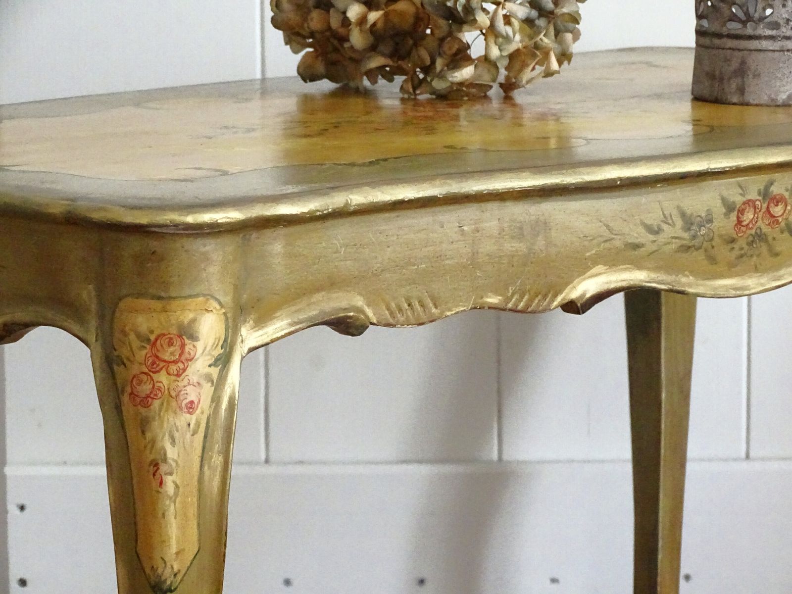 Olive Green Wood Coffee Table, Curved Legs, Hand Painted Floral Design, Shabby Chic photo vinterior