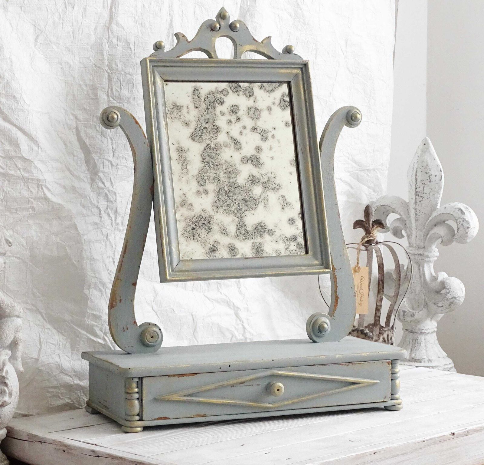 Antique French Vanity Mirror: Blue Shabby Chic Swivel Dresser Mirror photo for sale