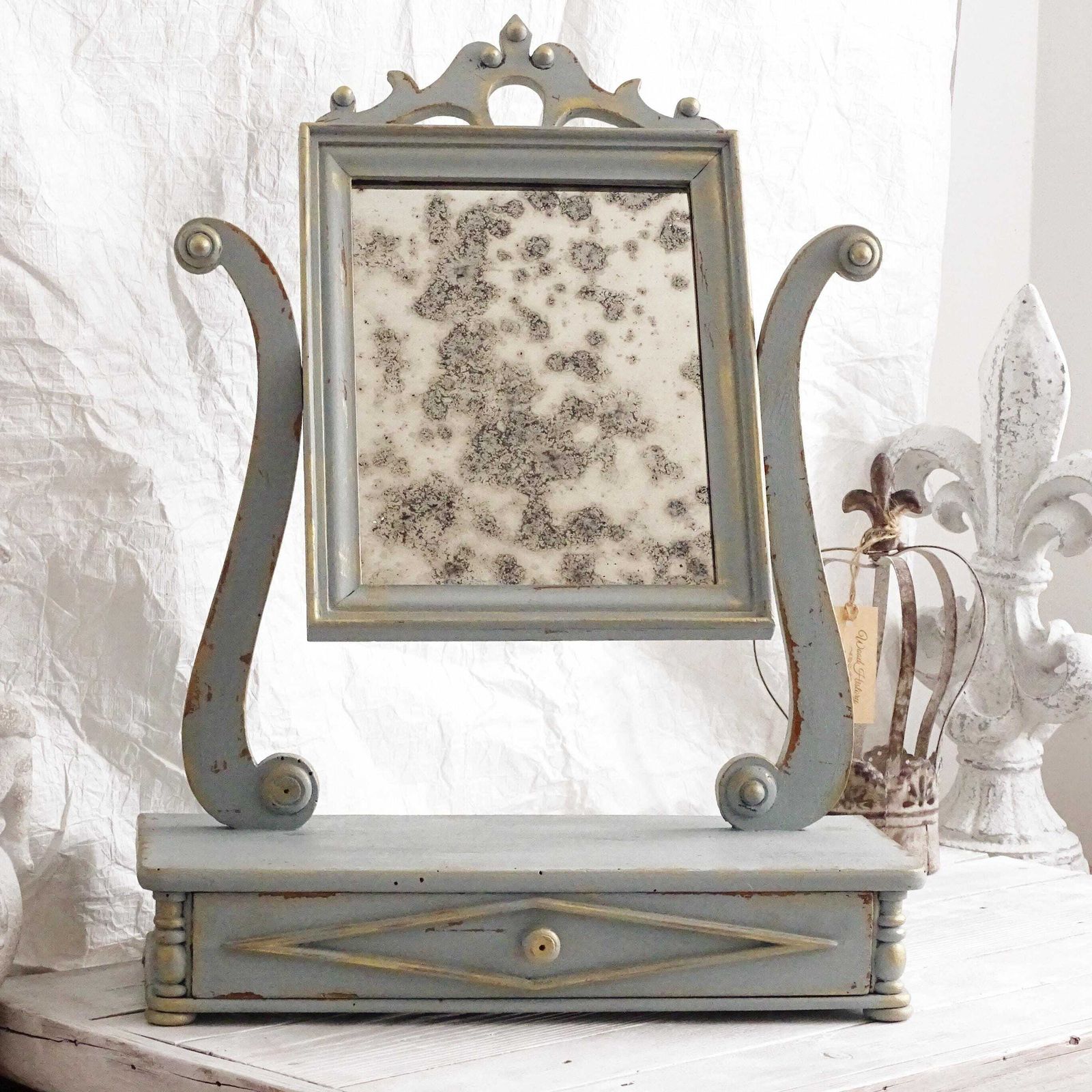 Antique French Vanity Mirror: Blue Shabby Chic Swivel Dresser Mirror photo 185.0