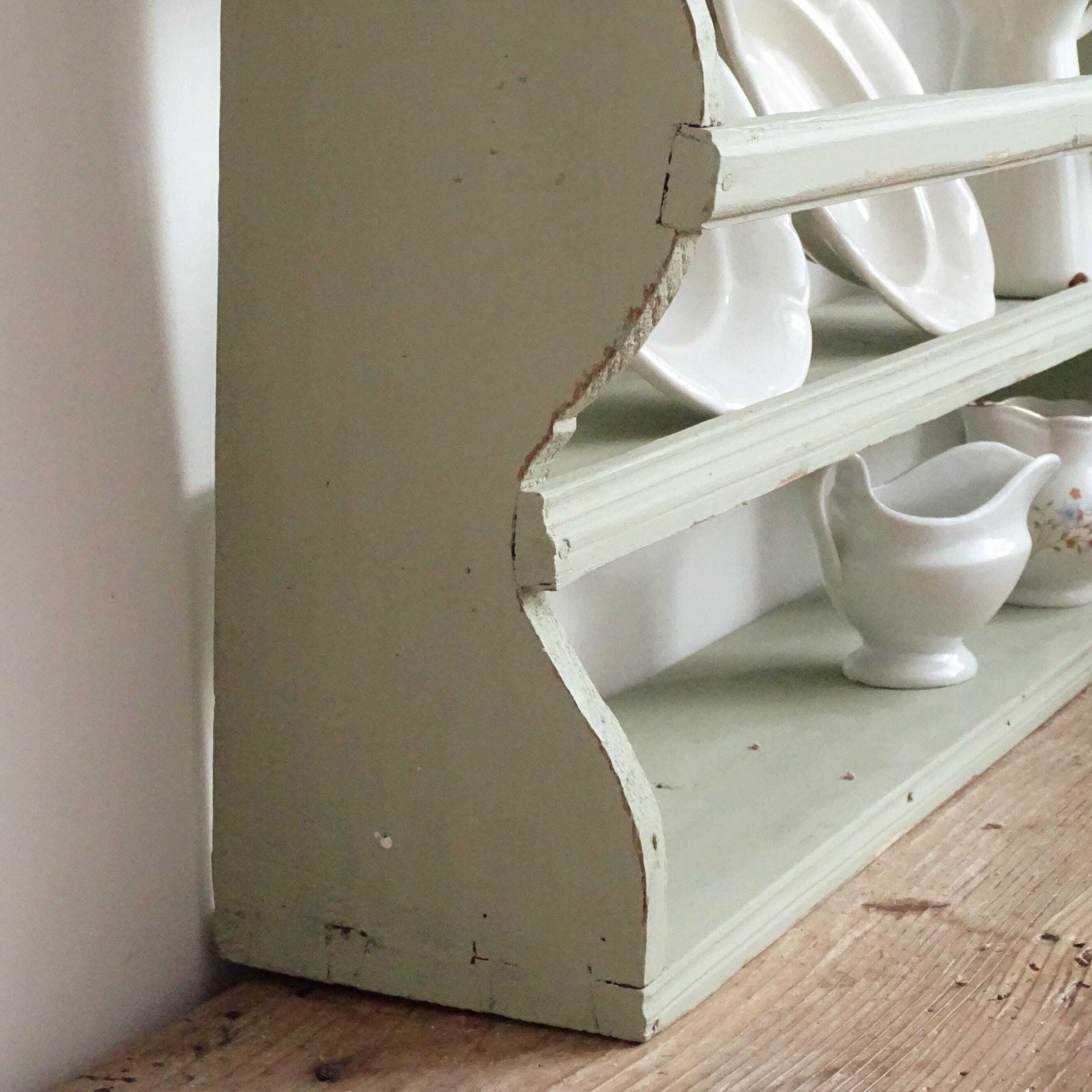 Green French Wood 3 Tier Plate Rack: Shabby Chic Farmhouse Display photo for sale
