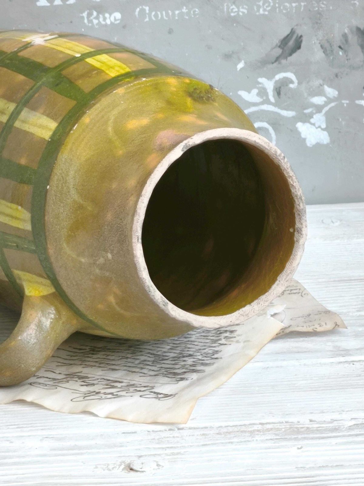 Antique French Stoneware Vase Green Yellow Stripes: Hand Painted Pottery, Farmhouse Decor photo furniture