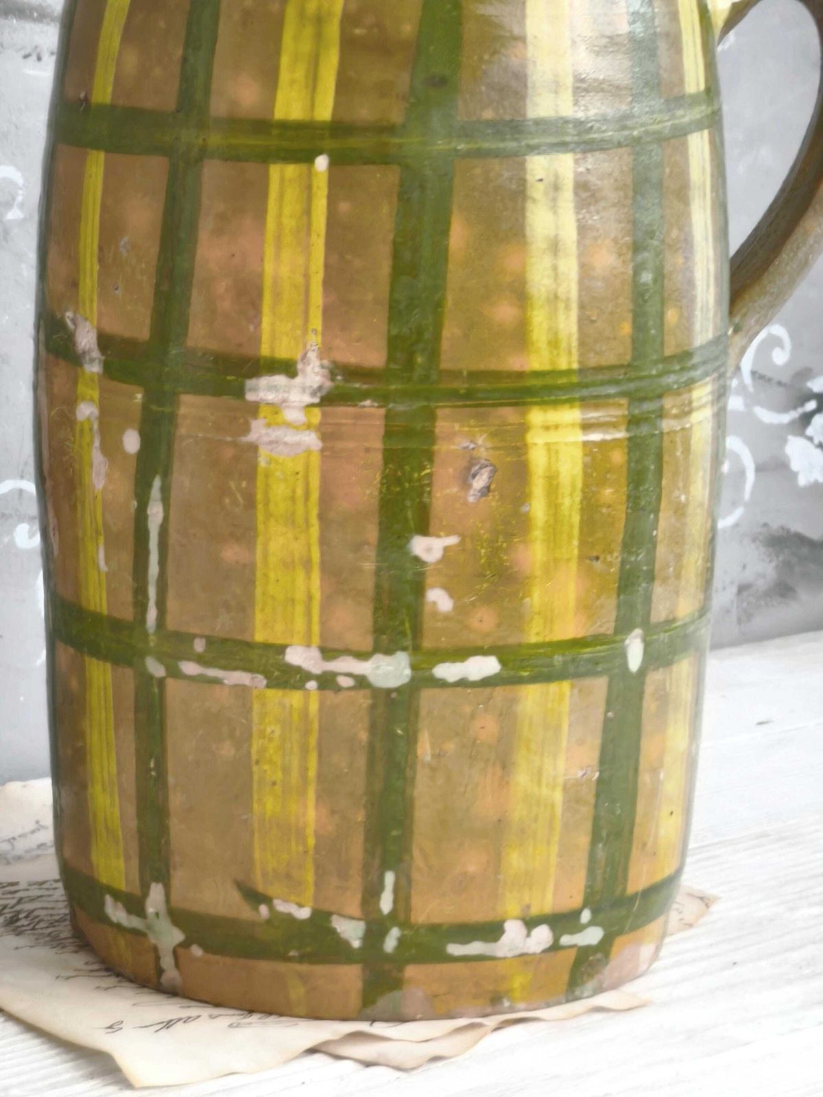 Antique French Stoneware Vase Green Yellow Stripes: Hand Painted Pottery, Farmhouse Decor photo vinterior