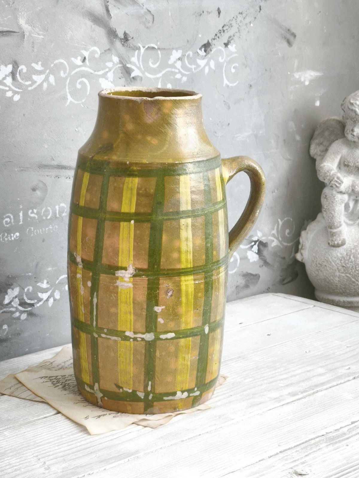 photo furniture Antique French Stoneware Vase Green Yellow Stripes: Hand Painted Pottery, Farmhouse Decor