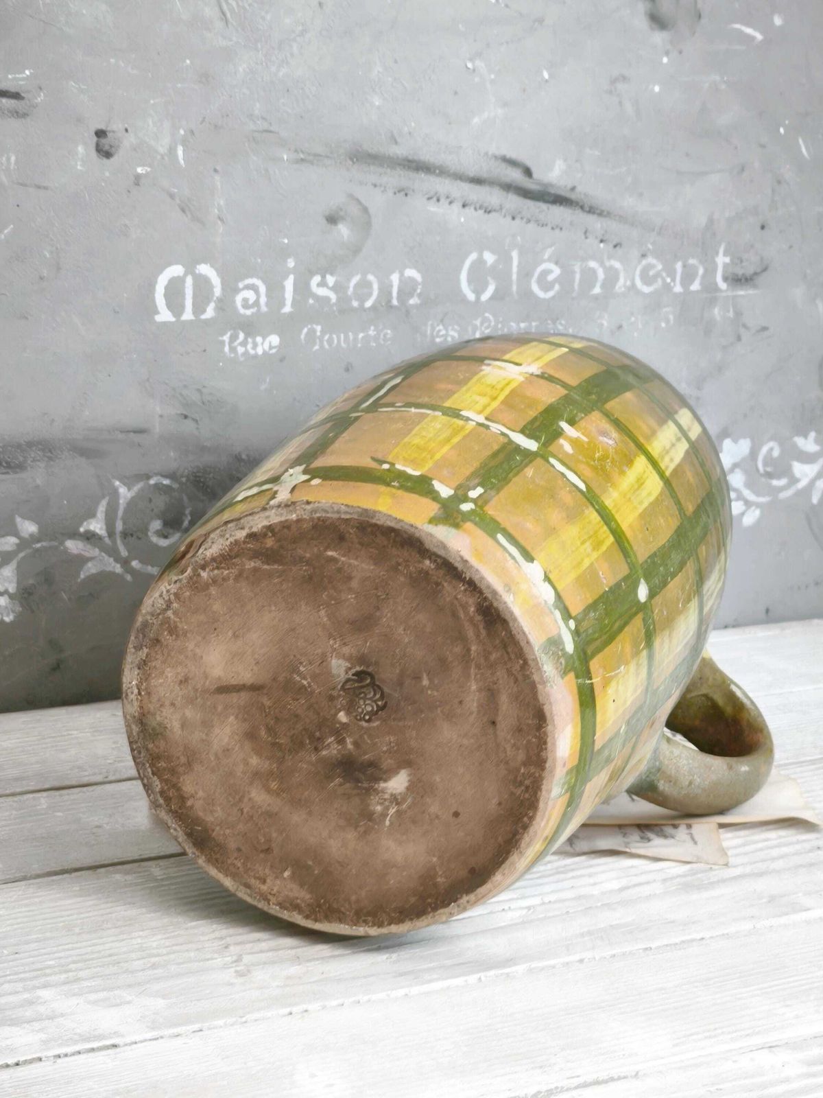 photo for sale Antique French Stoneware Vase Green Yellow Stripes: Hand Painted Pottery, Farmhouse Decor