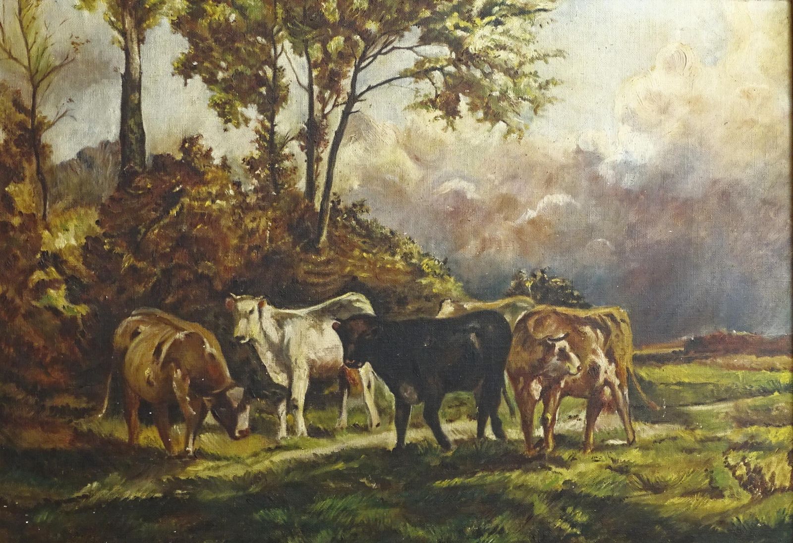 Antique Cows Oil Painting: Gesso Landscape In Gold Ornate Frame photo furniture