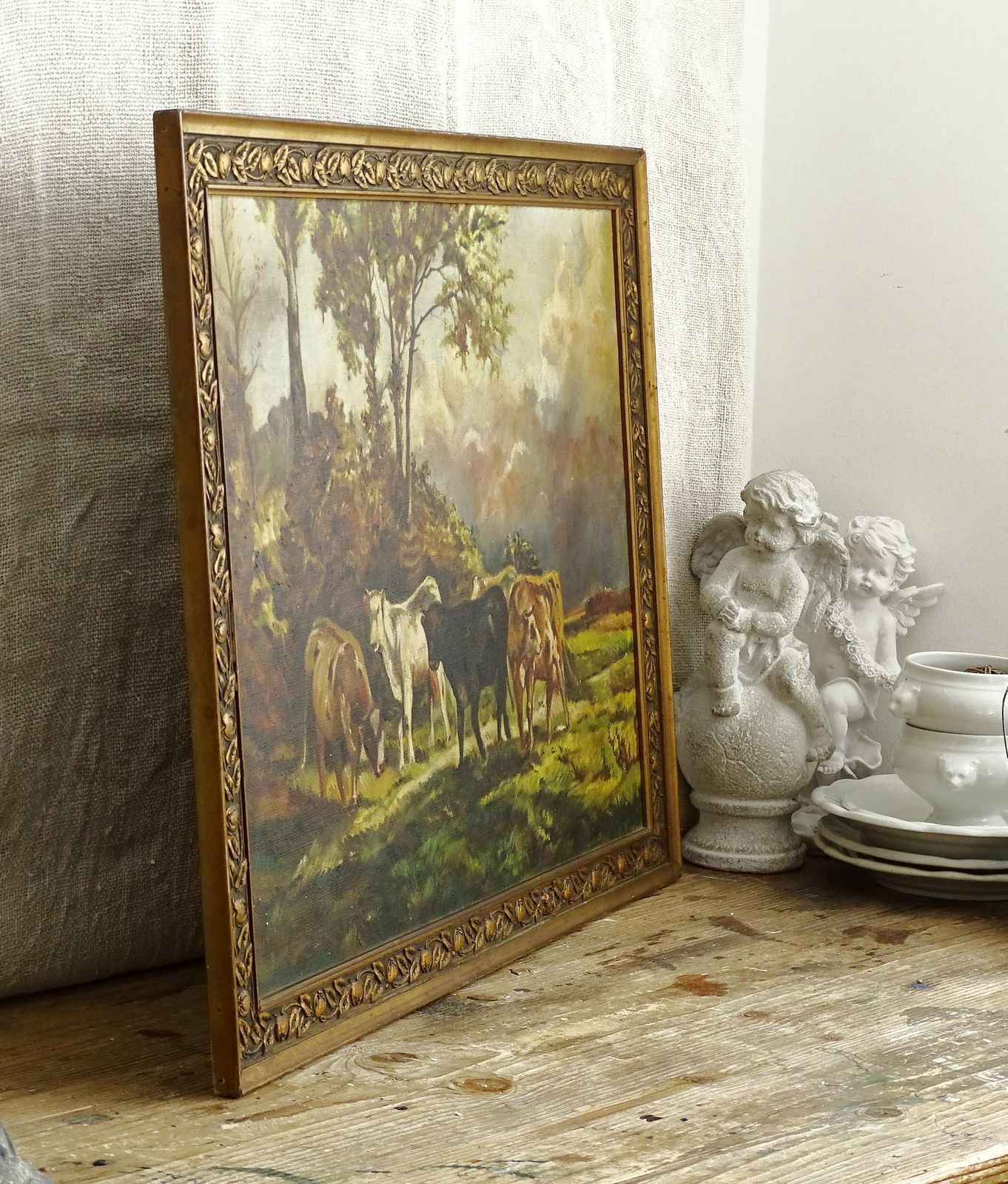 Antique Cows Oil Painting: Gesso Landscape In Gold Ornate Frame photo for sale
