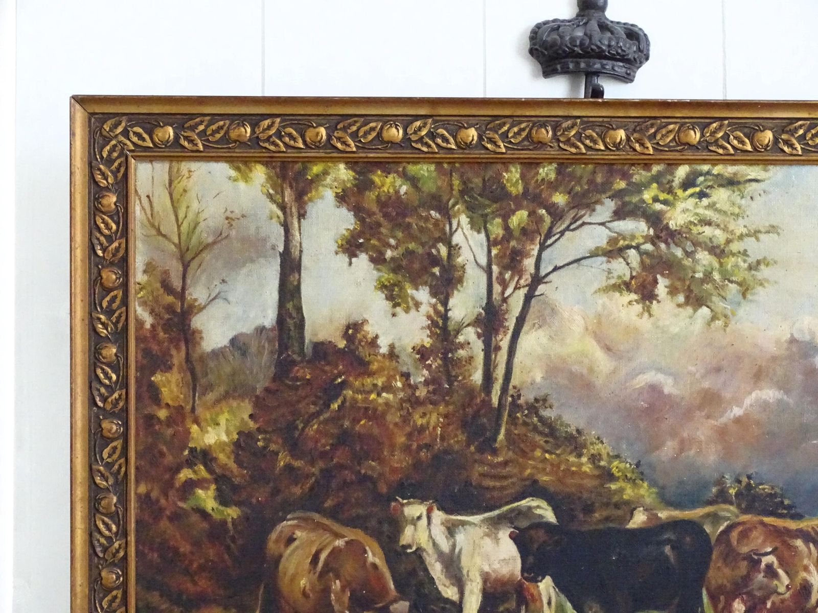 Antique Cows Oil Painting: Gesso Landscape In Gold Ornate Frame photo vinterior