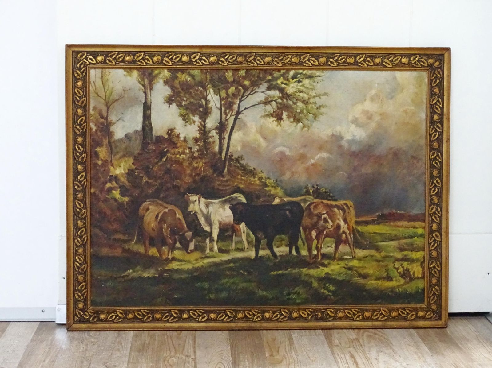 Antique Cows Oil Painting: Gesso Landscape In Gold Ornate Frame photo vintage