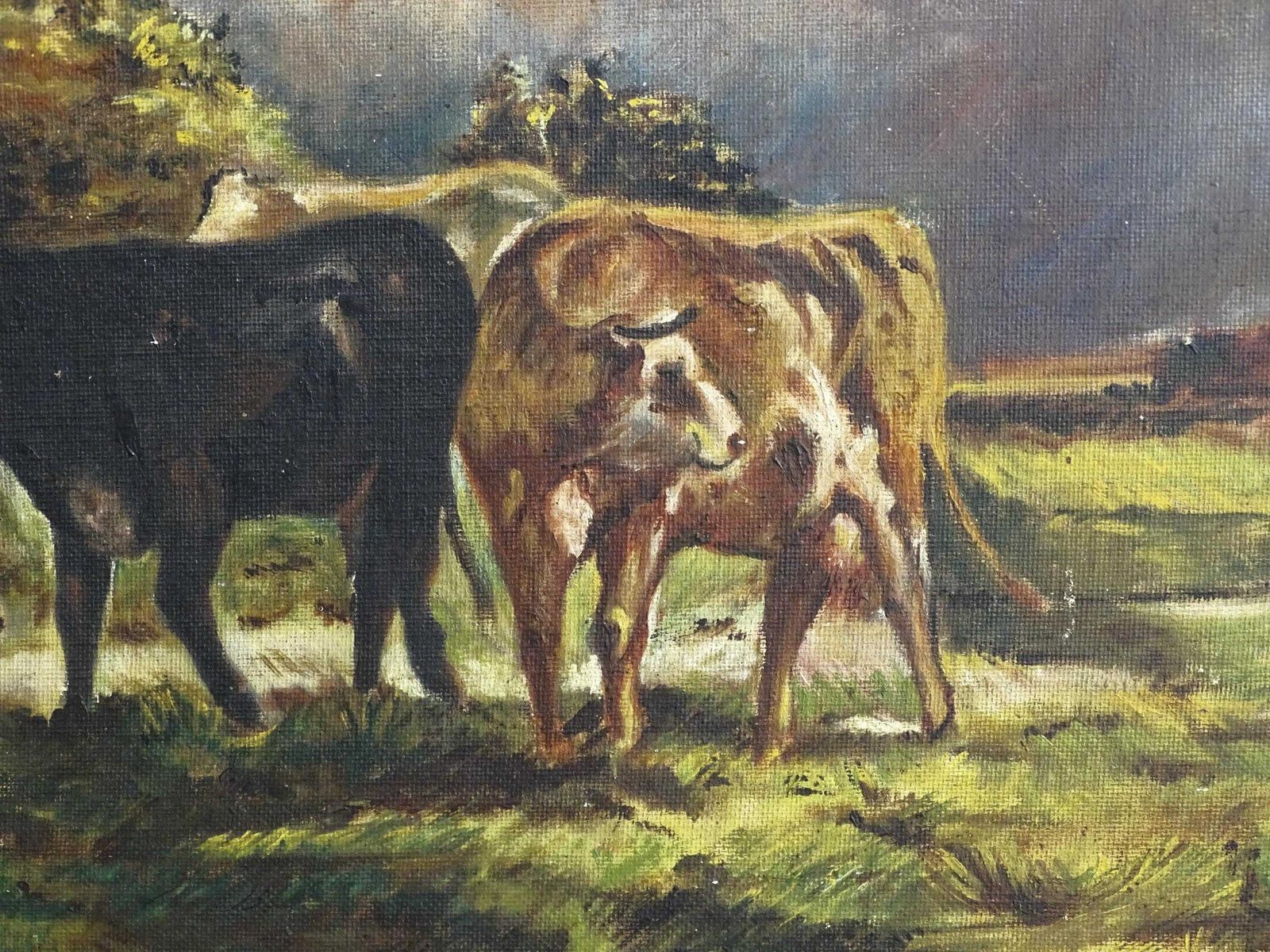 photo furniture Antique Cows Oil Painting: Gesso Landscape In Gold Ornate Frame