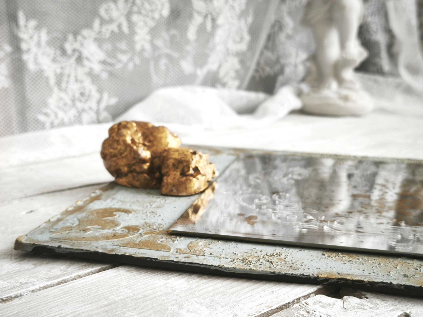 Aged French Trumeau Mirror: Cherub, Blue Gold, Shabby Chic photo vinterior