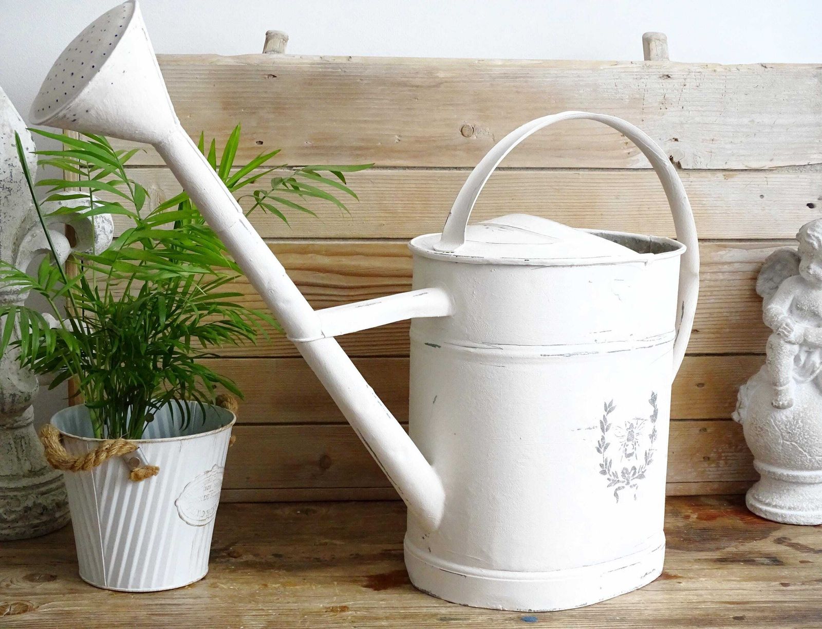 White Galvanized Watering Can: Large Rustic Farmhouse Garden Decor photo for sale