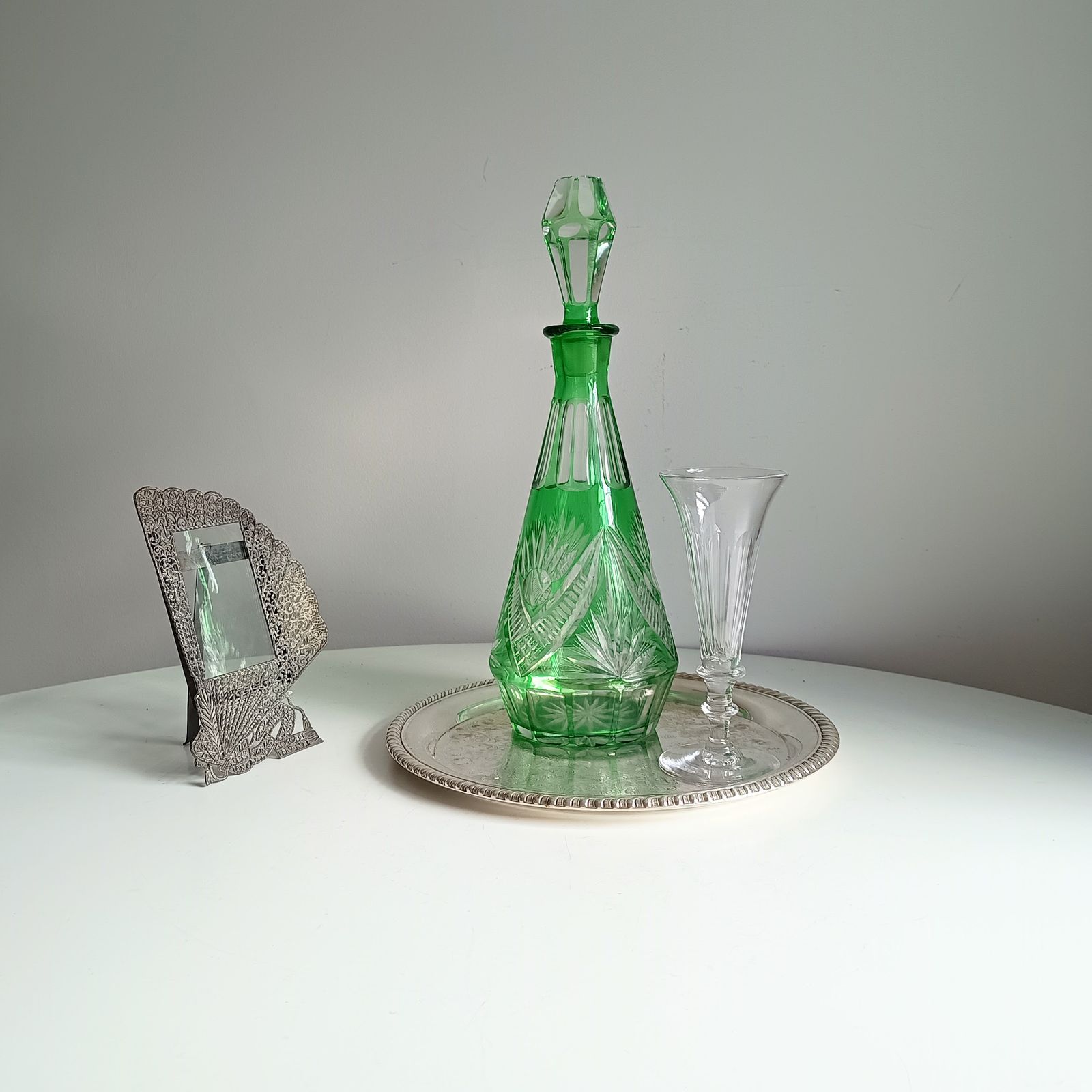 Vintage Bohemia Cut Glass Liqueur Carafe With Stopper Emerald Green Cut To Clear photo furniture