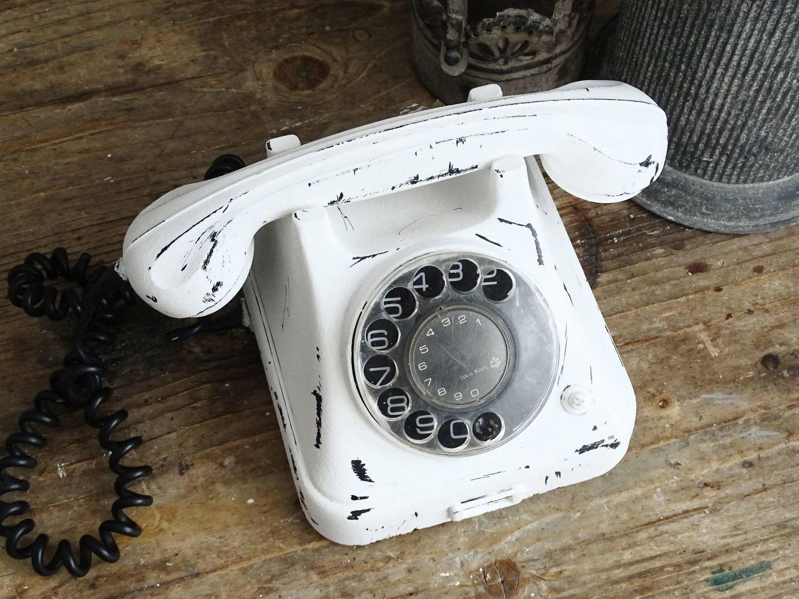 White Bakelite Rotary Telephone: Distressed Mcm Office Decor photo for sale