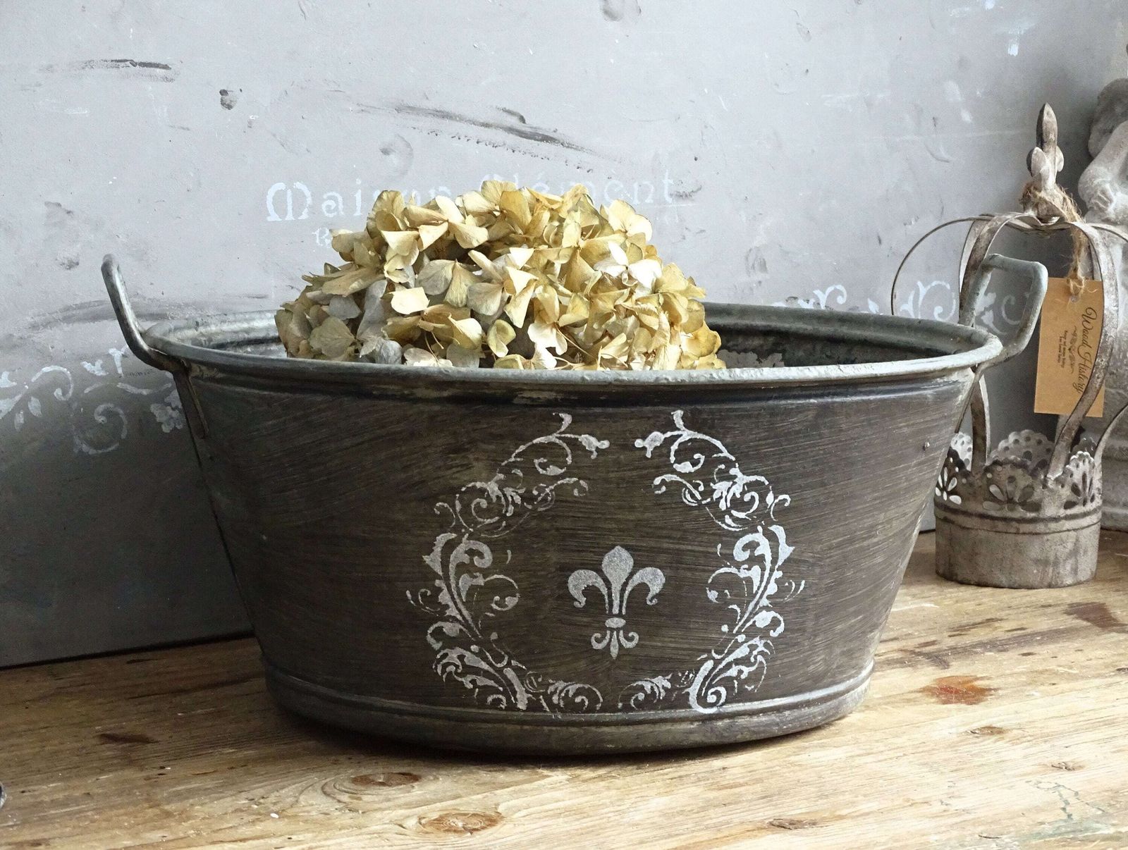 Vintage French Galvanized Zinc Bucket: Large Farmhouse Planter