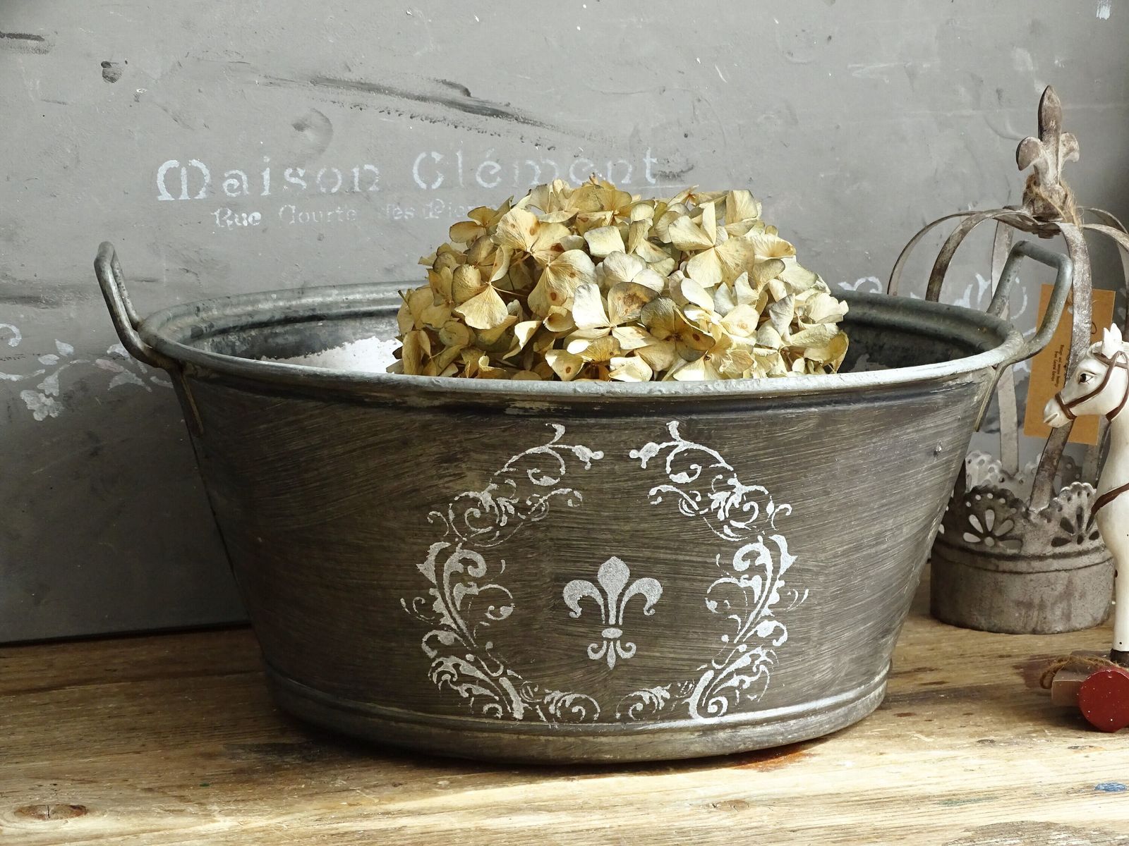 Vintage French Galvanized Zinc Bucket: Large Farmhouse Planter photo vintage