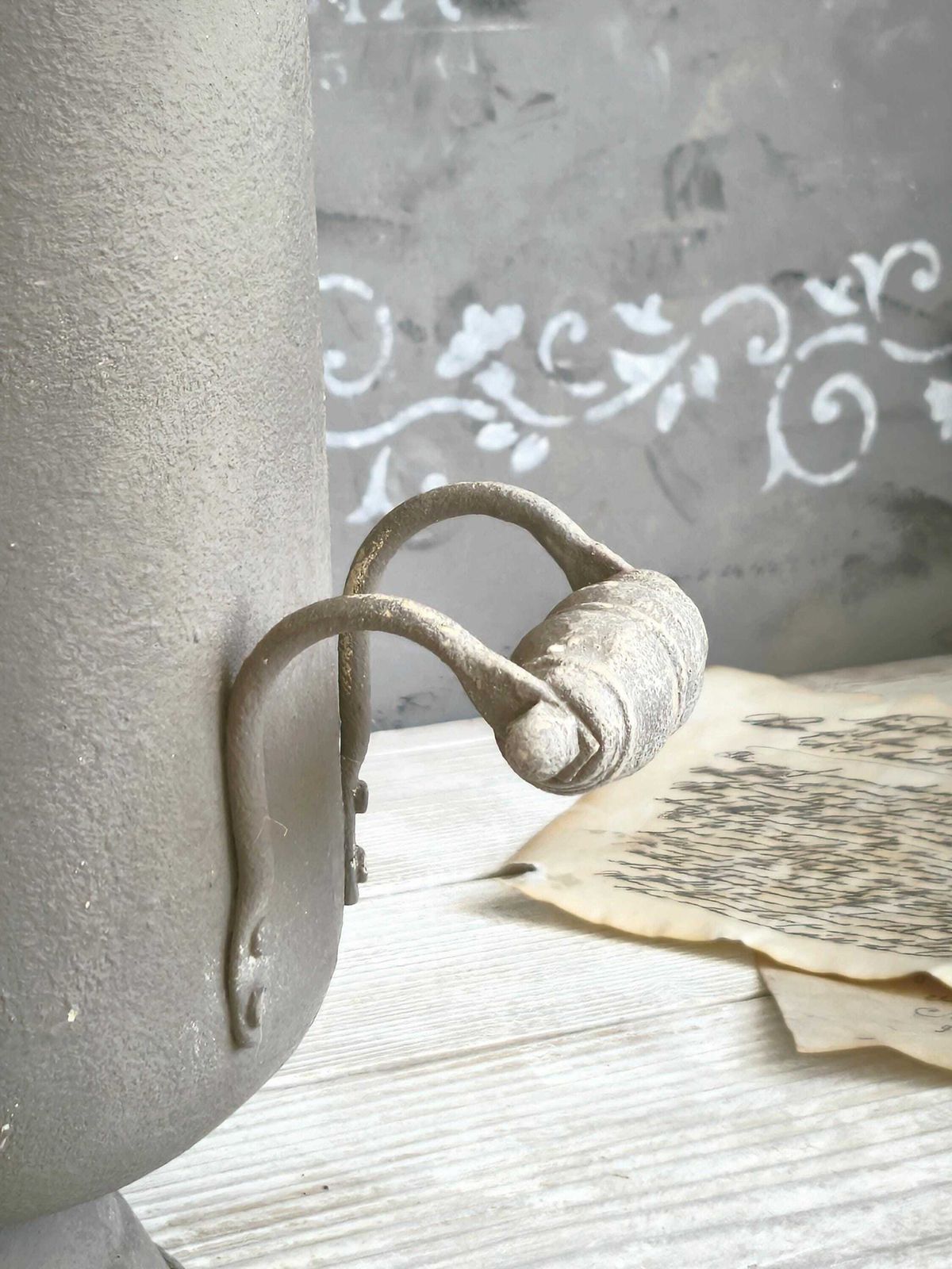 Brass Ash Scuttle Faux Concrete Lion Head, Metal Pitcher Vase, Distressed Coal Ash Bucket, Gray Shabby Chic Metal Planter, Fireplace Decor photo for sale