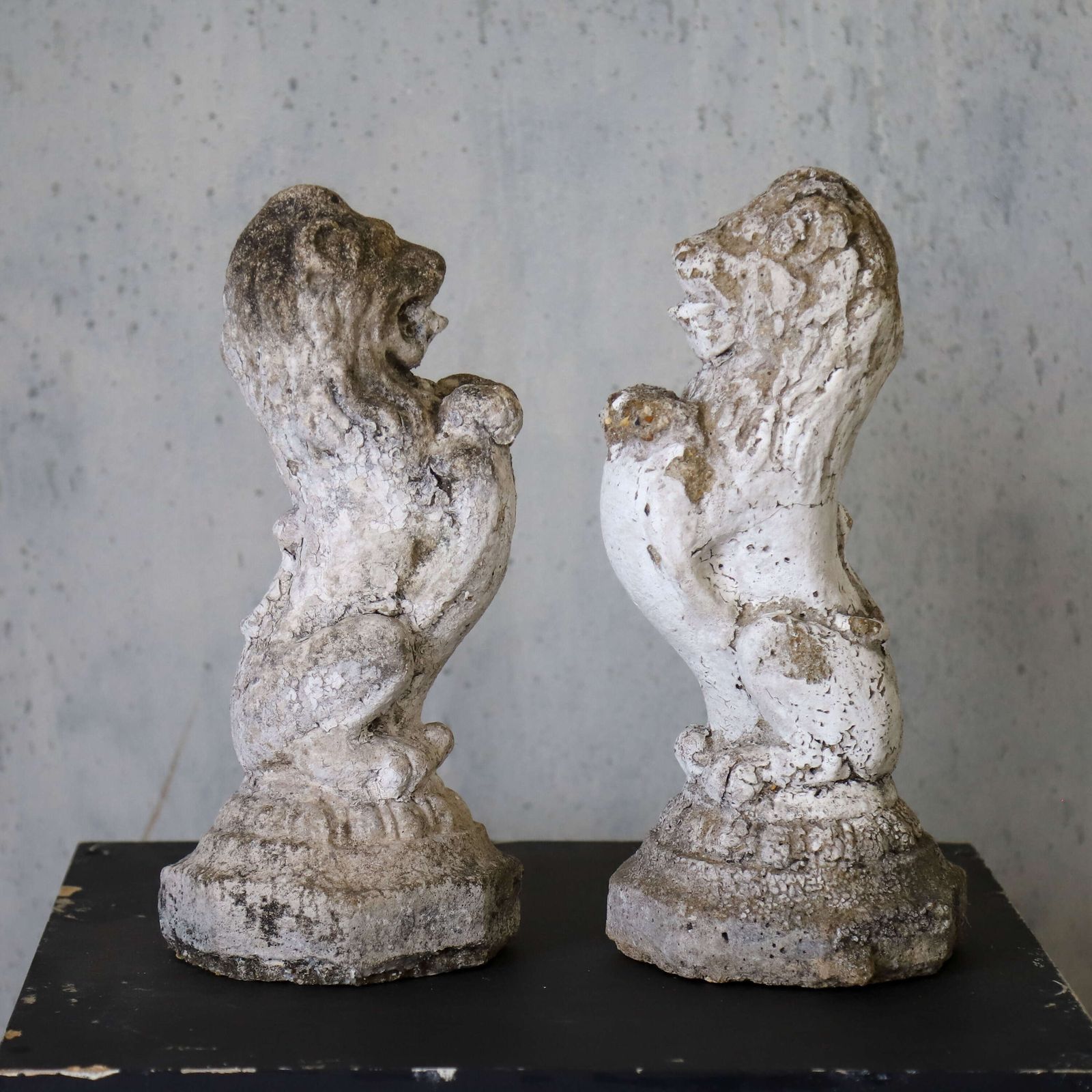 Pair Of English Mid‑Century Stone Garden Lions Standing Guard In A Regal Pose photo vintage