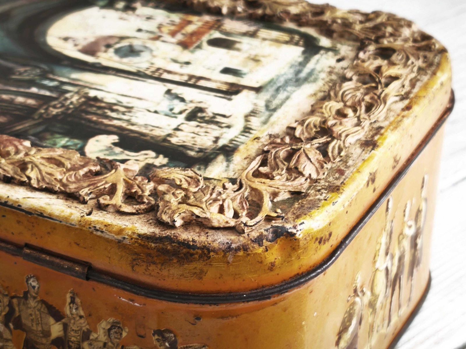 Vintage Medieval City Tin Box: Yellow Clay Border Decorative Storage photo for sale