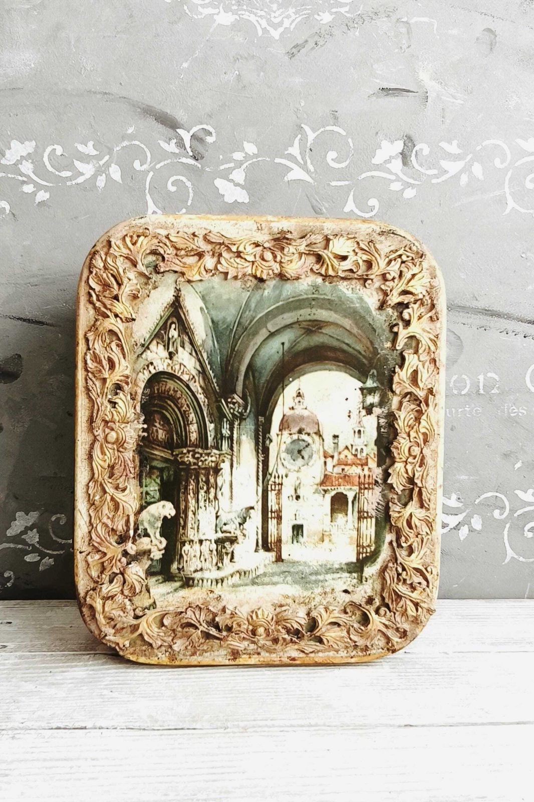 Vintage Medieval City Tin Box: Yellow Clay Border Decorative Storage photo Home Decor