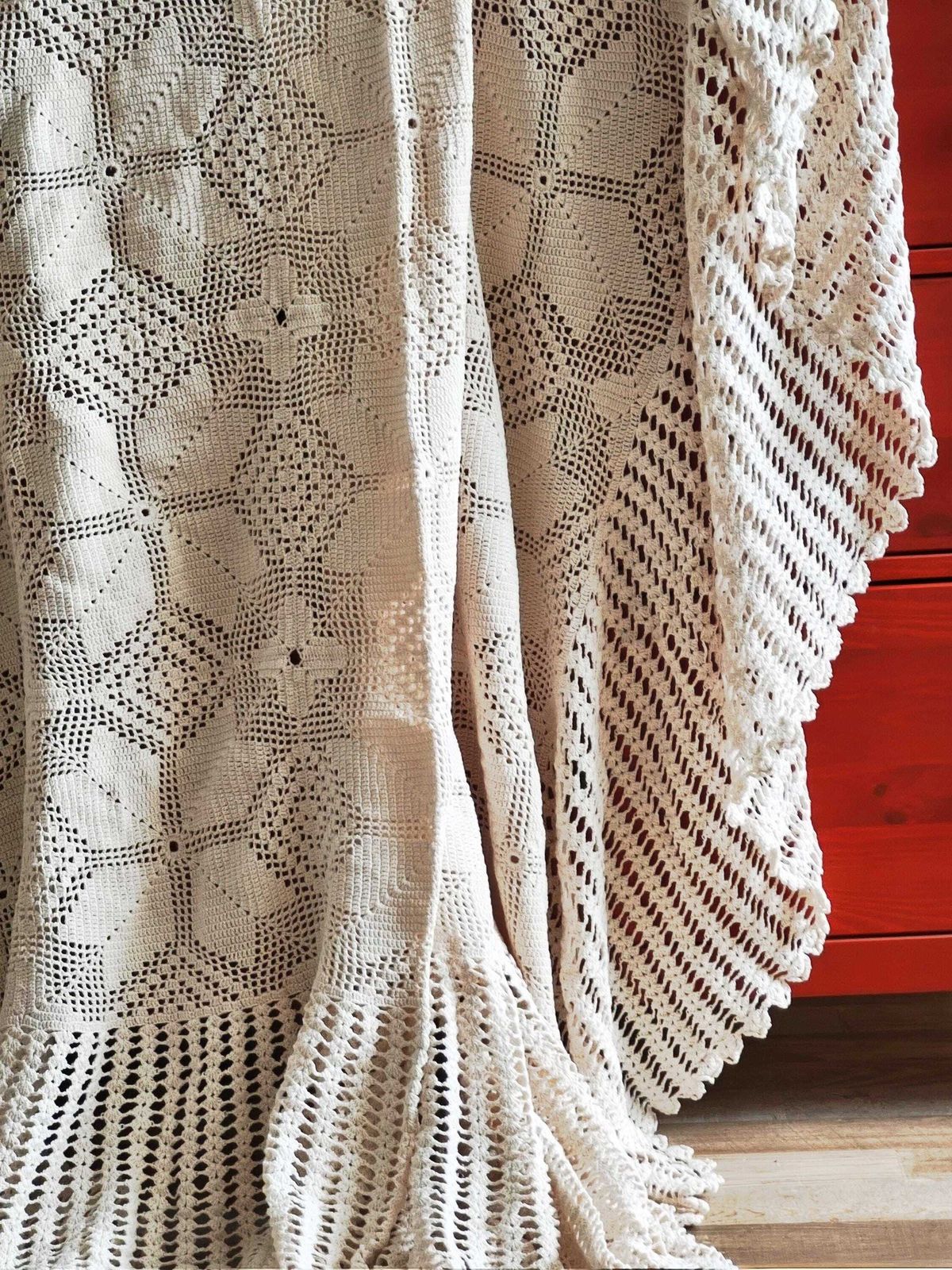 Handmade Crochet Blanket Scallops, Beige Cotton Blanket, Rustic Lace Throw, Bedspread photo vinterior