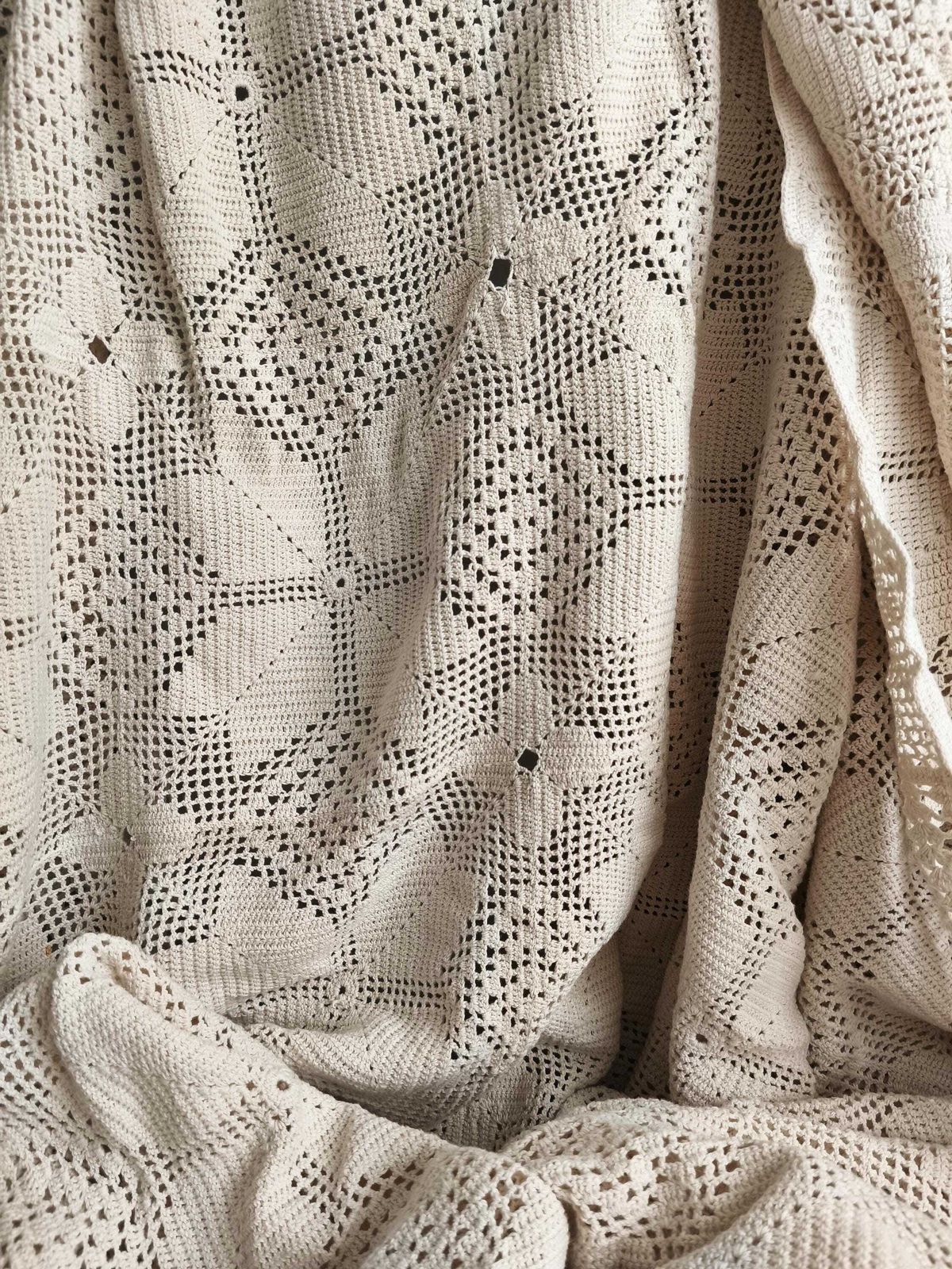 Handmade Crochet Blanket Scallops, Beige Cotton Blanket, Rustic Lace Throw, Bedspread photo buy