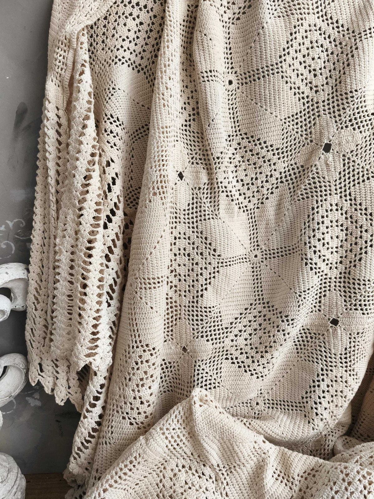 photo for sale Handmade Crochet Blanket Scallops, Beige Cotton Blanket, Rustic Lace Throw, Bedspread